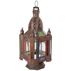 Antique Moroccan Moorish Tole and Glass Candle Lantern