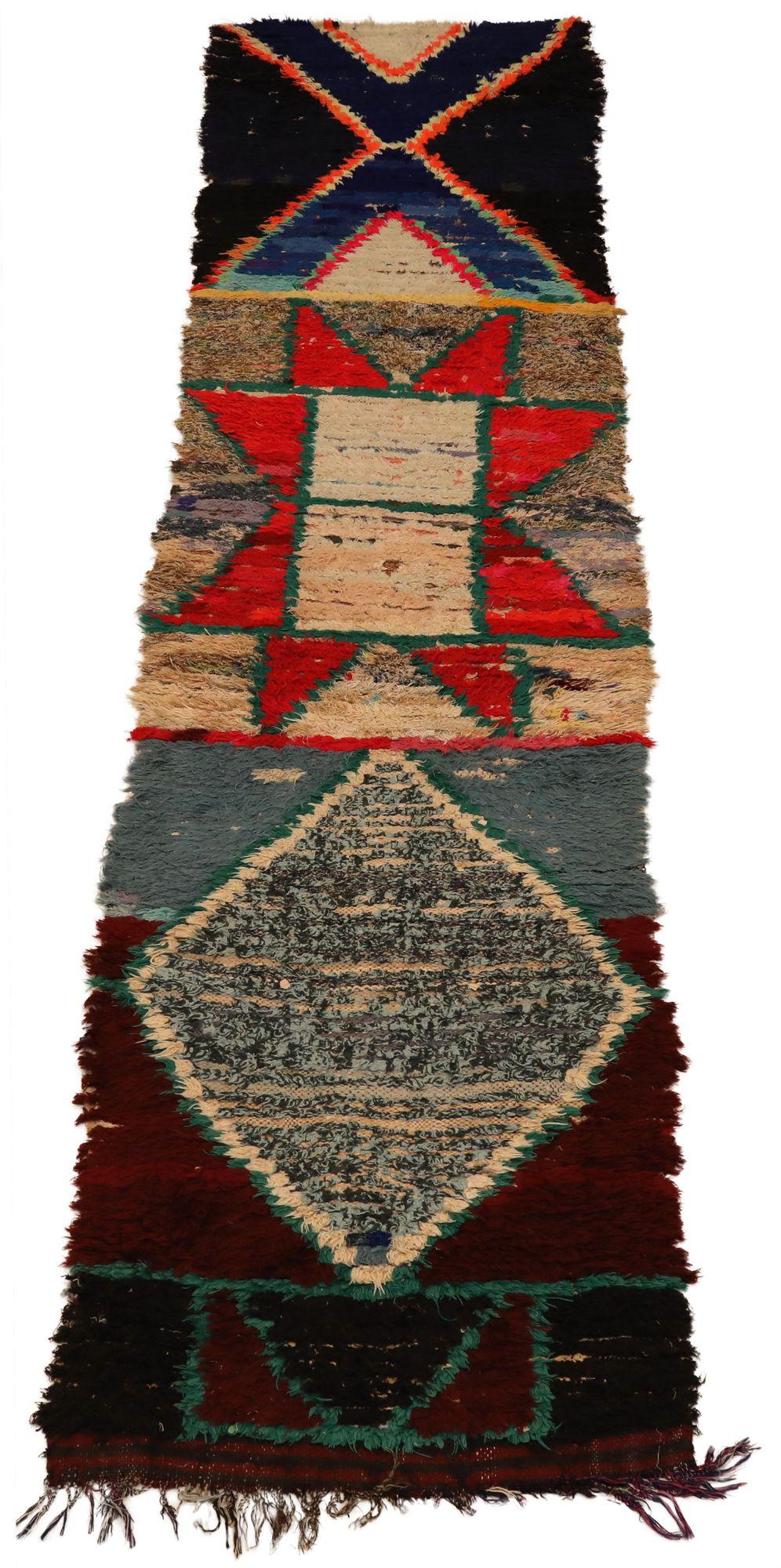 Entdecken Sie die Eleganz des marokkanischen Läuferteppichs von Circa 1990. Dieses exklusive Design aus Wolle und Blau-Elfenbein-Rot ist perfekt, um Ihren Raum zu verschönern.