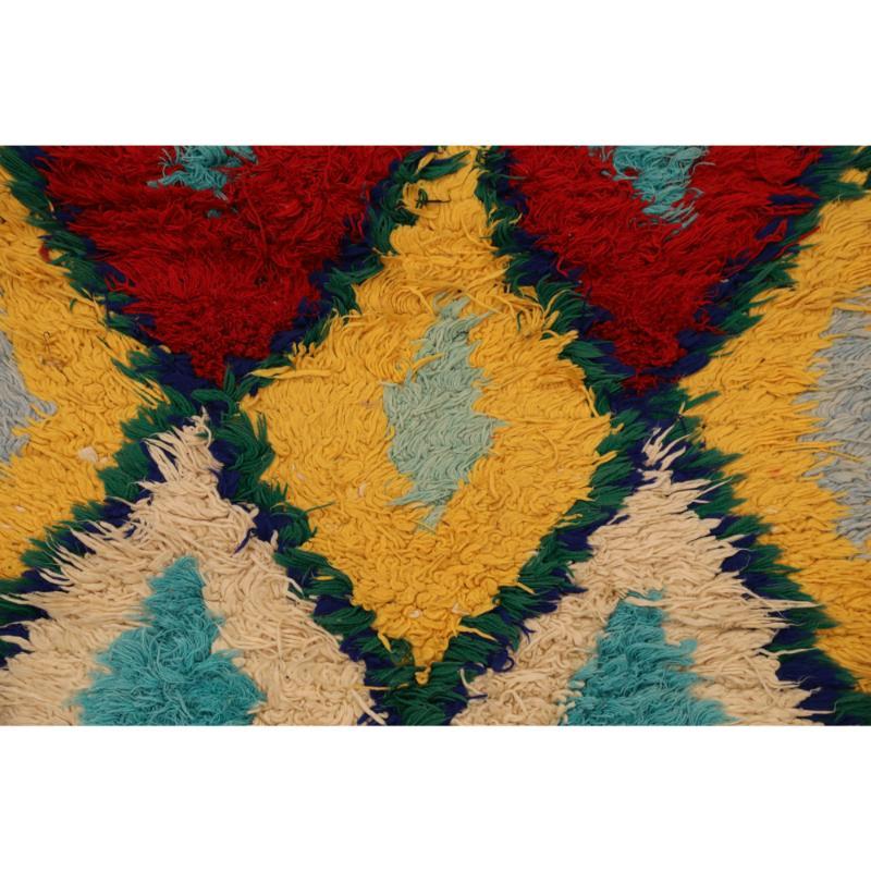 Noué à la main Tapis de course marocain - motif en laine bleu rouge jaune - 97531 en vente