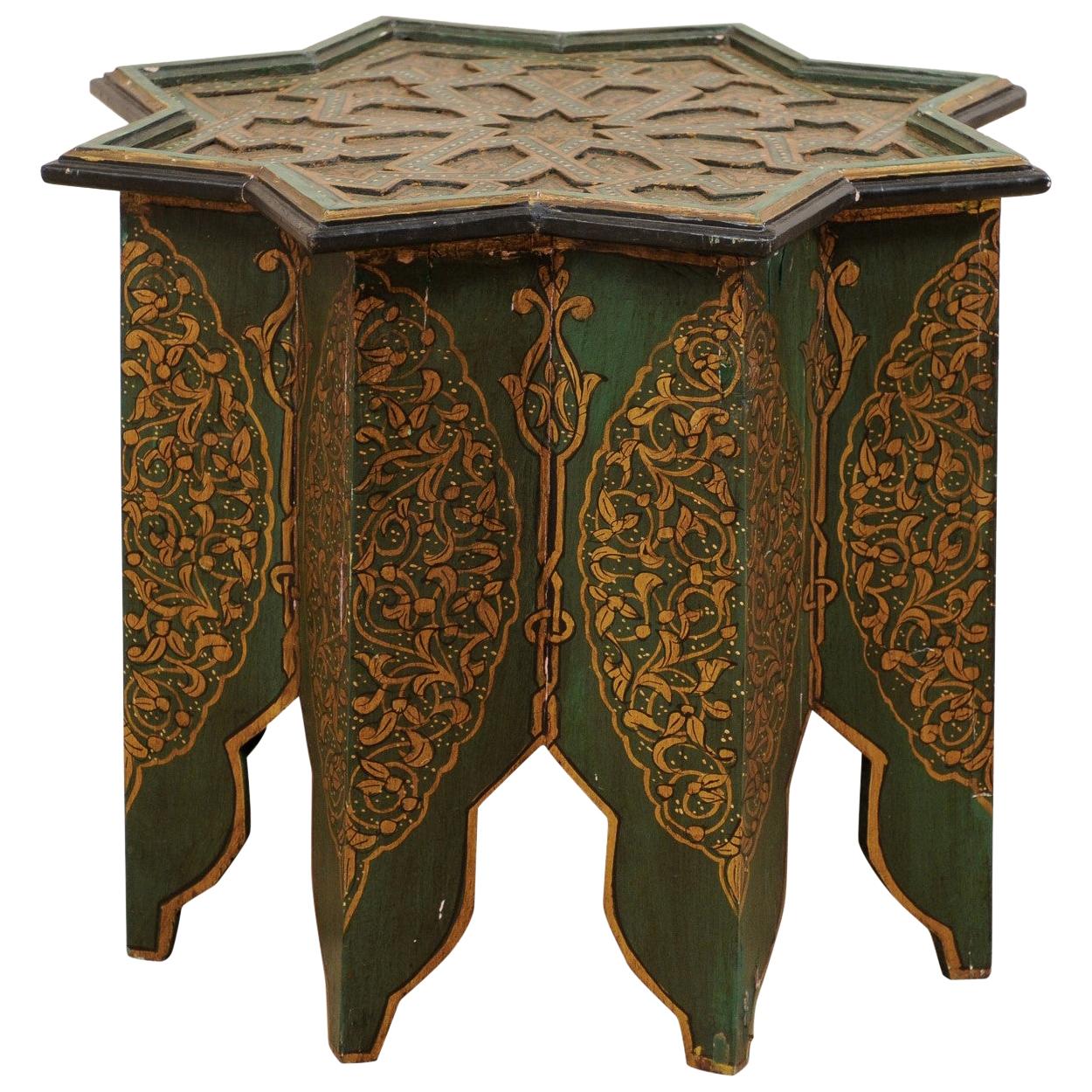 Moroccan Morrish Star Shaped Tea or Side Table, in Green, Black and Gold