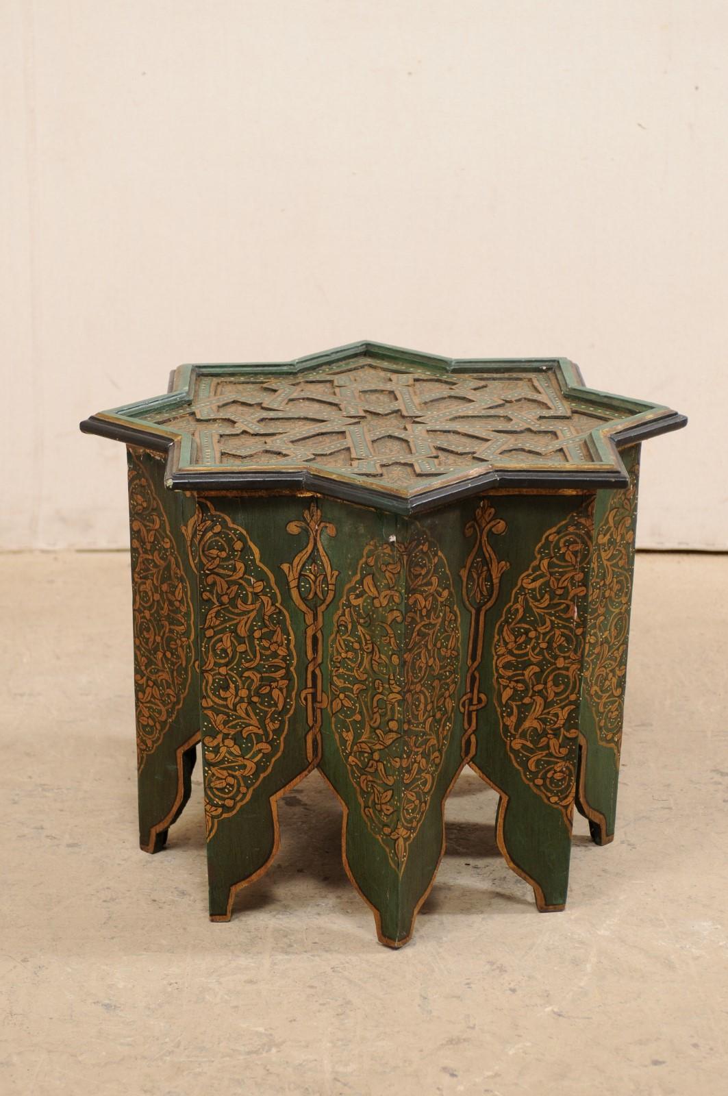 Moroccan Morrish Star Shaped Tea or Side Table, in Green, Black and Gold 3