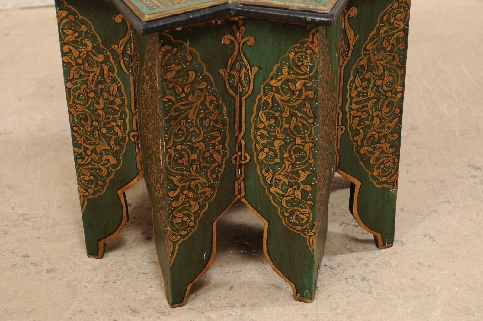Hand-Painted Moroccan Morrish Star Shaped Tea or Side Table, in Green, Black and Gold