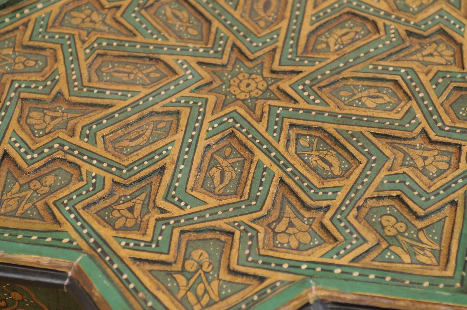Moroccan Morrish Star Shaped Tea or Side Table, in Green, Black and Gold In Good Condition In Atlanta, GA