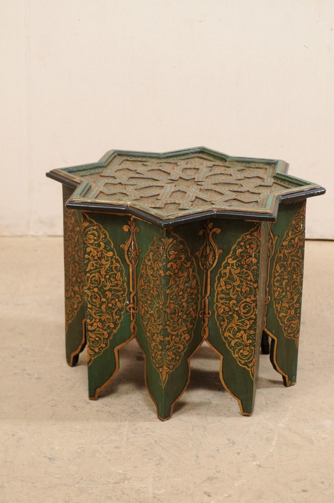 20th Century Moroccan Morrish Star Shaped Tea or Side Table, in Green, Black and Gold