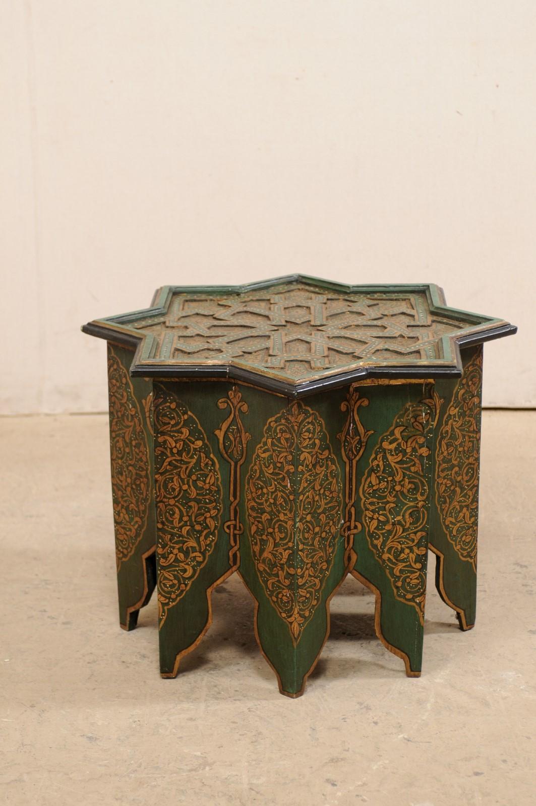 Wood Moroccan Morrish Star Shaped Tea or Side Table, in Green, Black and Gold