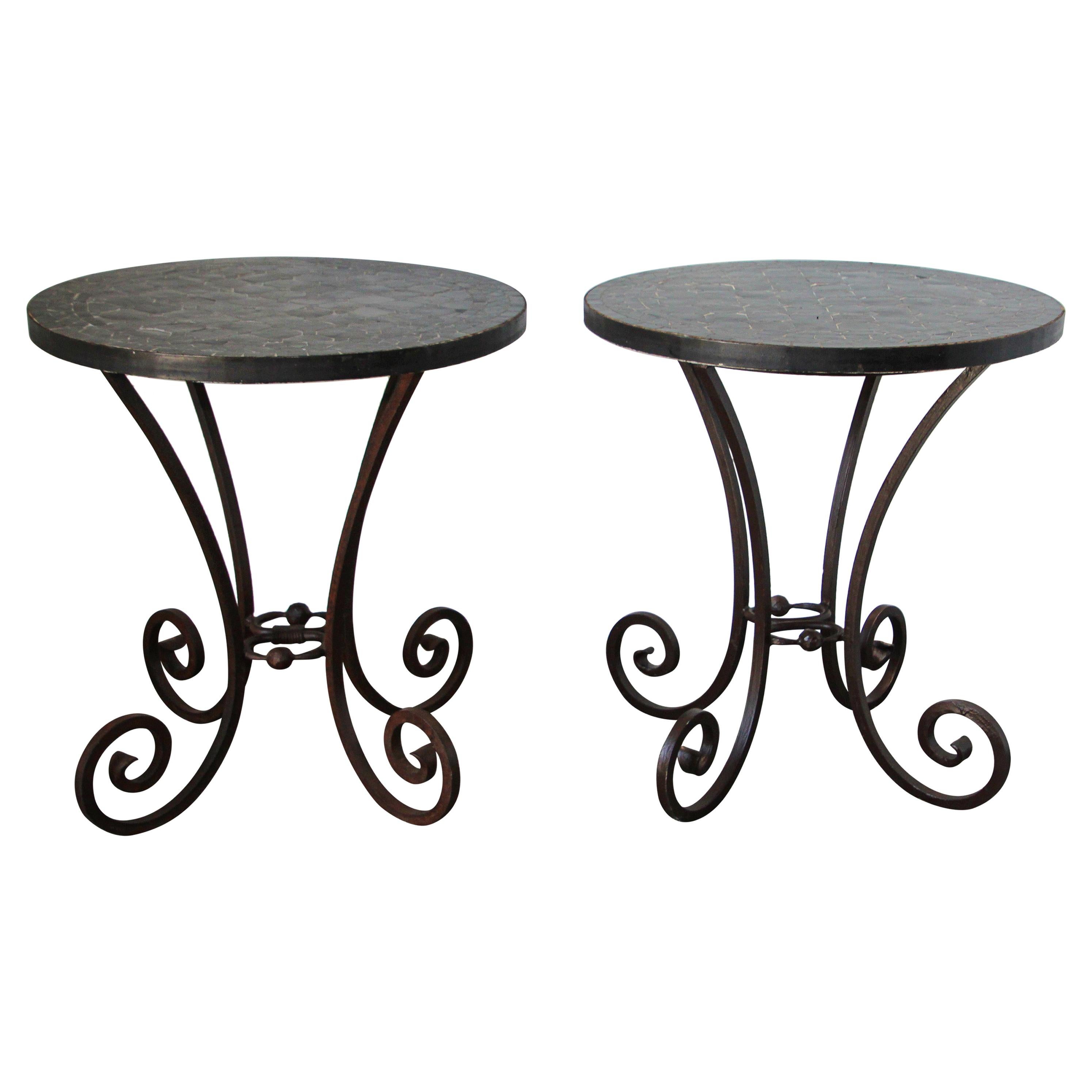 Moroccan Mosaic Antique Black Tile Color Side Table Set of Two