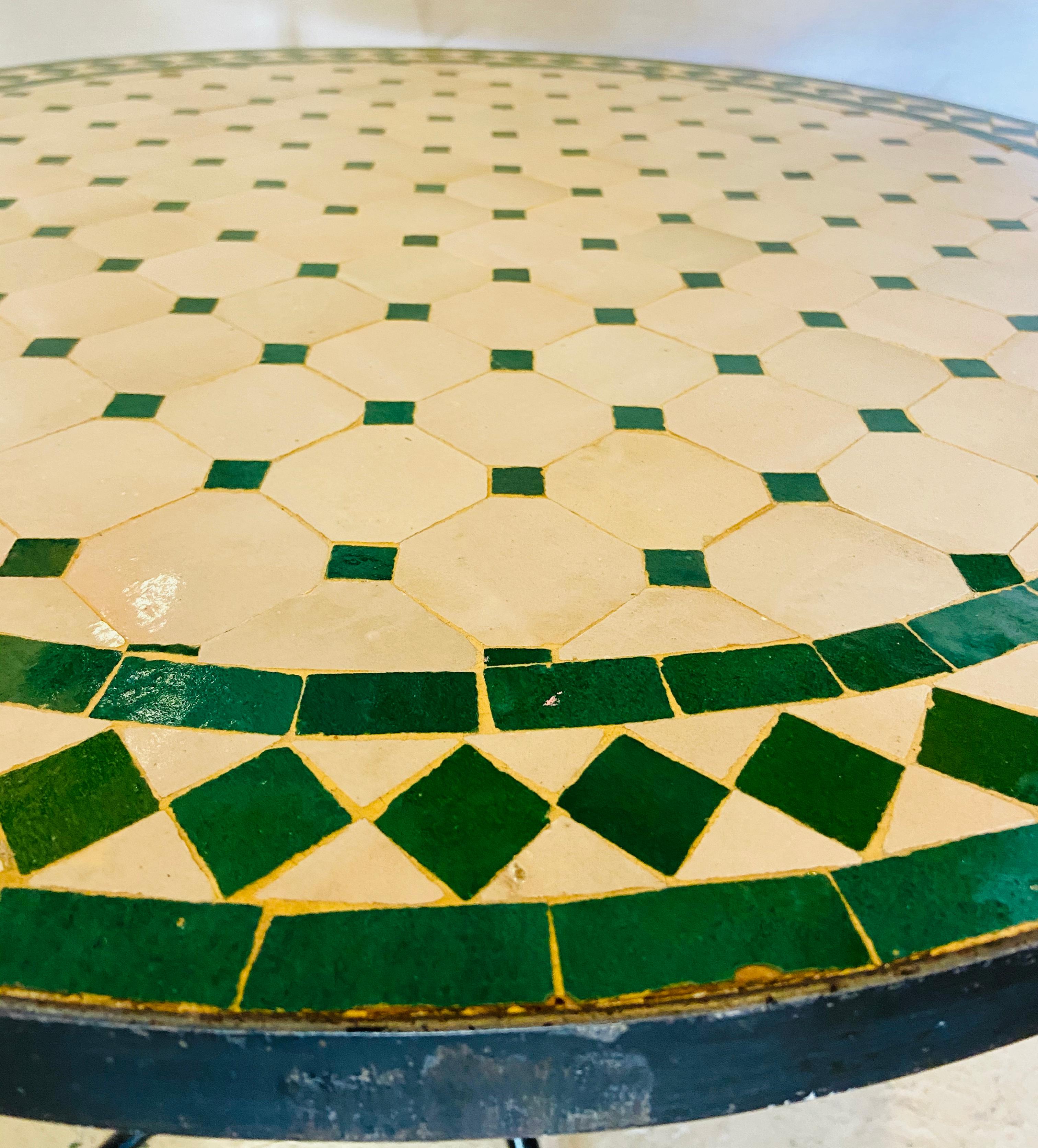 Metal Moroccan Mosaic Bistro or Garden Table in Green and Off-White