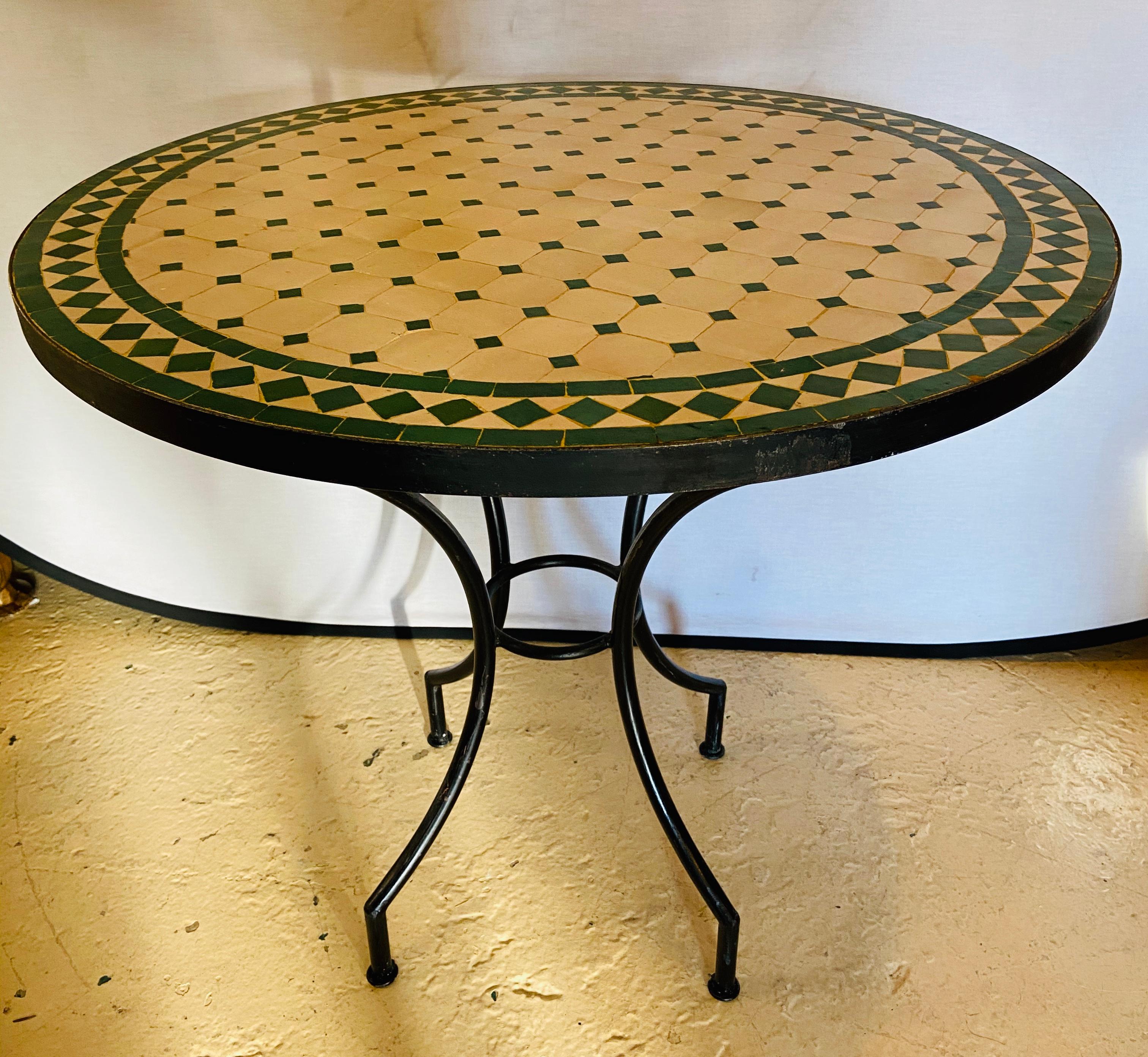 Moroccan Mosaic Bistro or Garden Table in Green and Off-White 1
