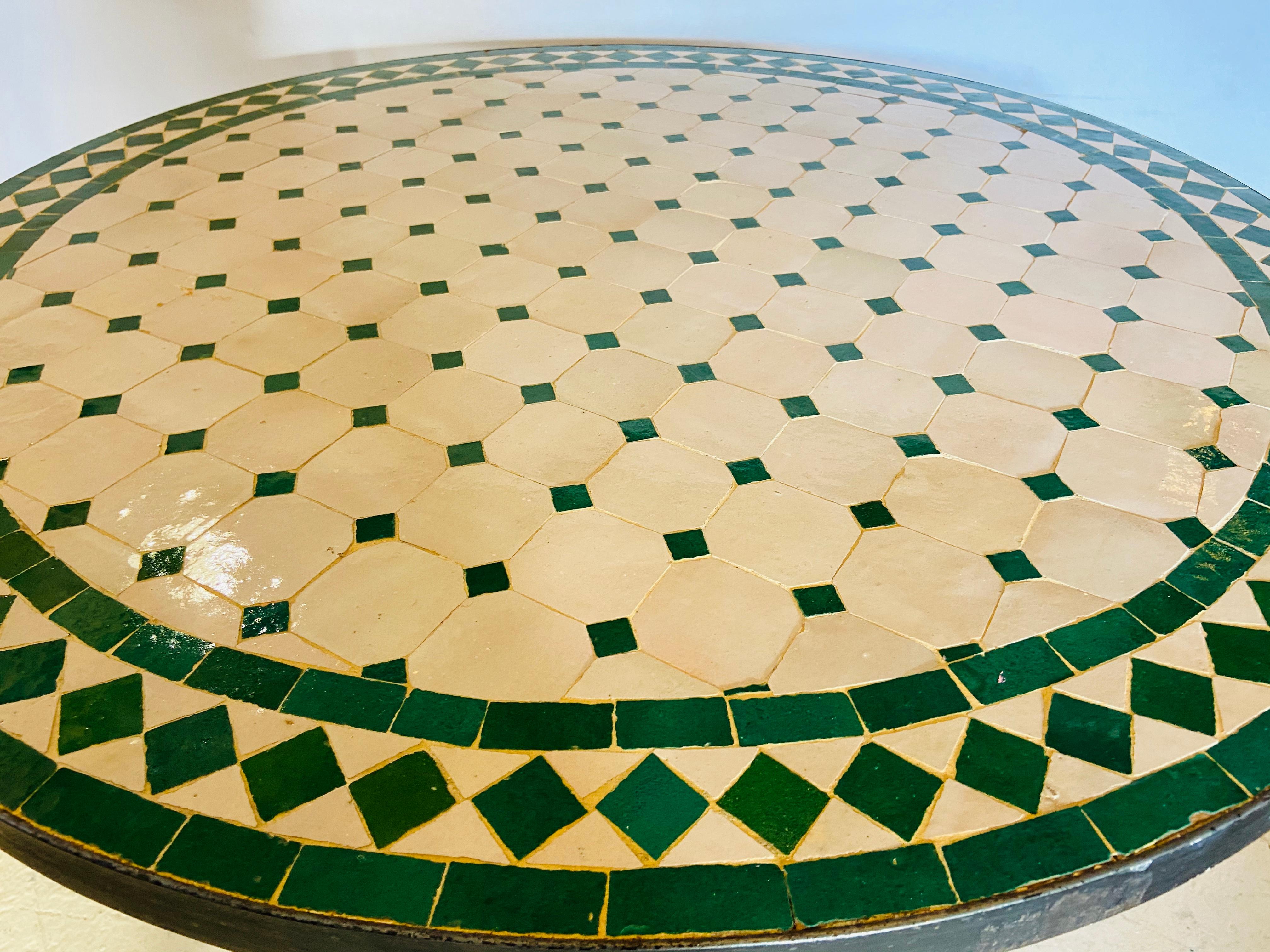 Moroccan Mosaic Bistro or Garden Table in Green and Off-White 3