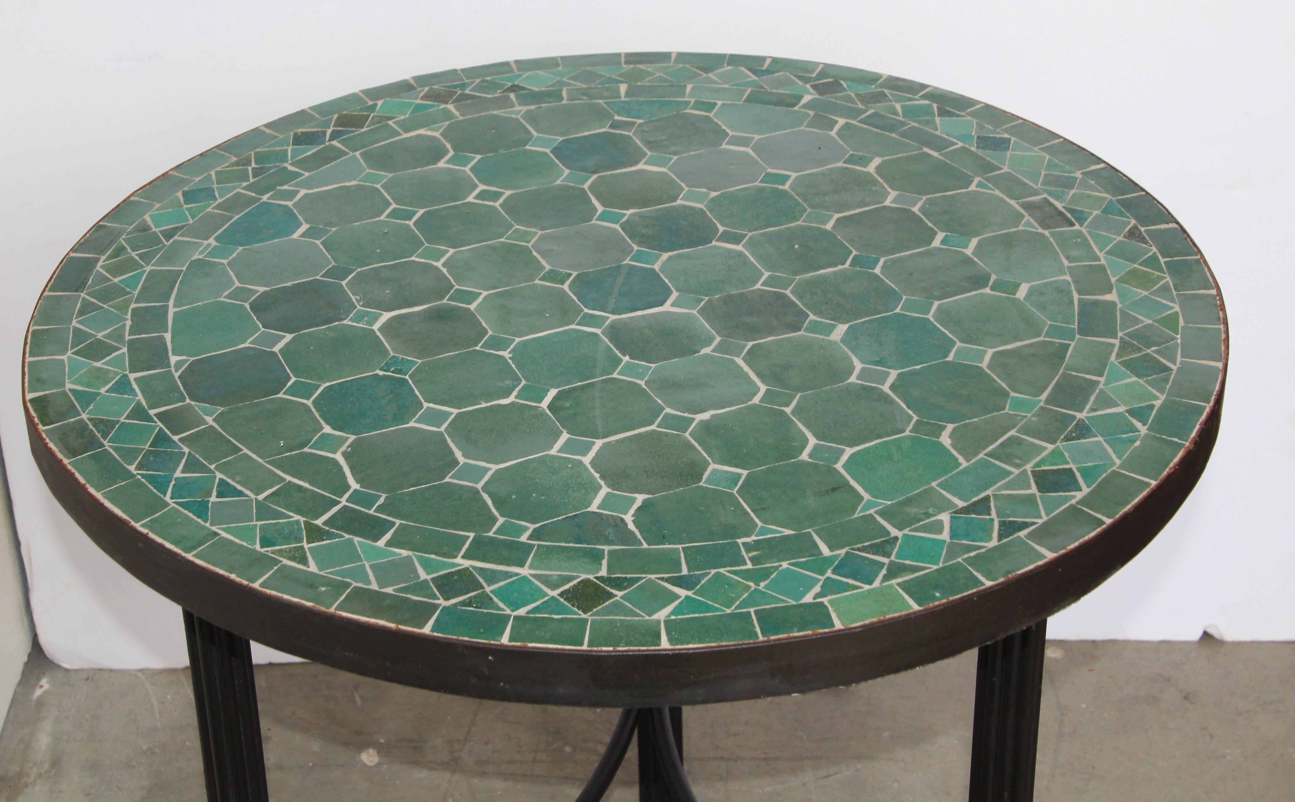 20th Century Moroccan Mosaic Fez Tiles Green Colors Side Table