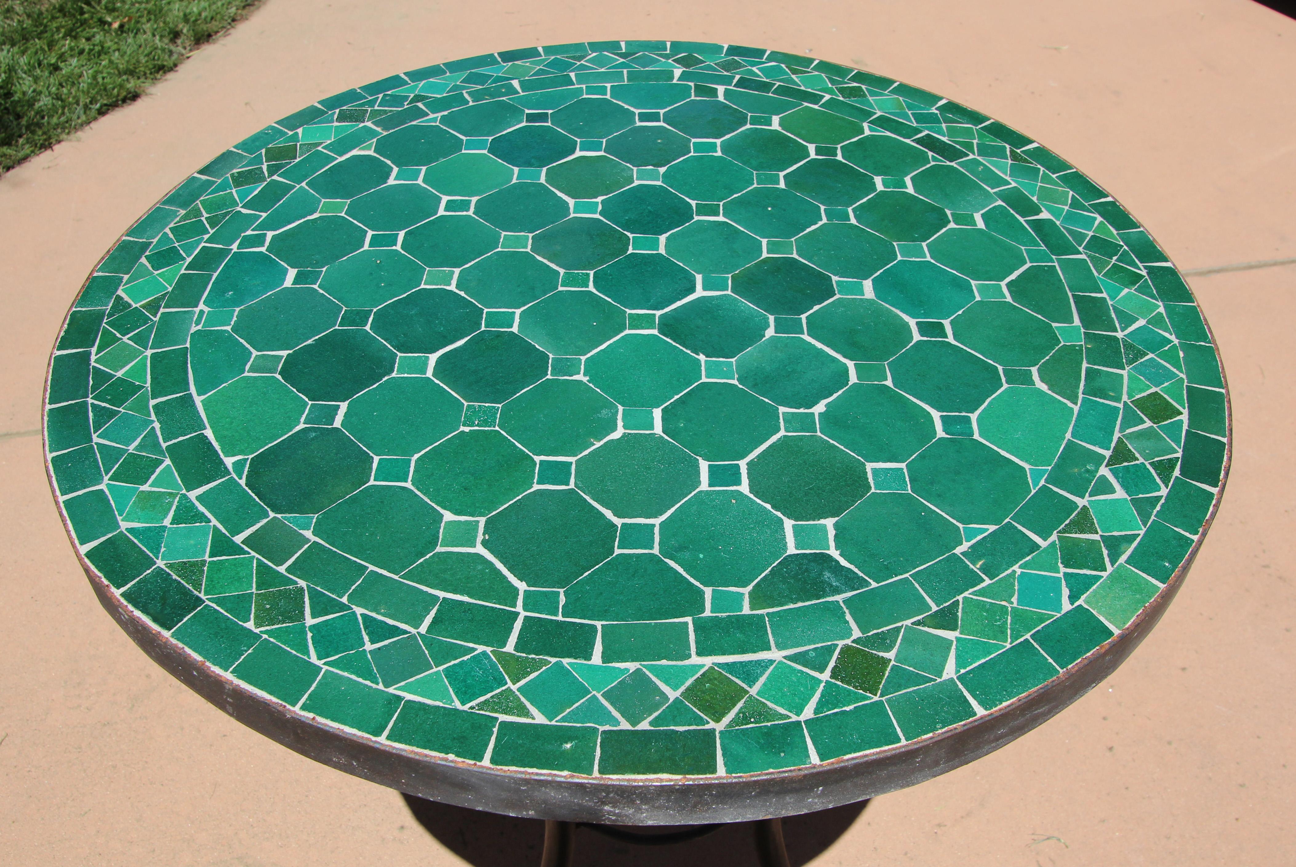 Moroccan Mosaic Green Tile Bistro Table In Good Condition In North Hollywood, CA