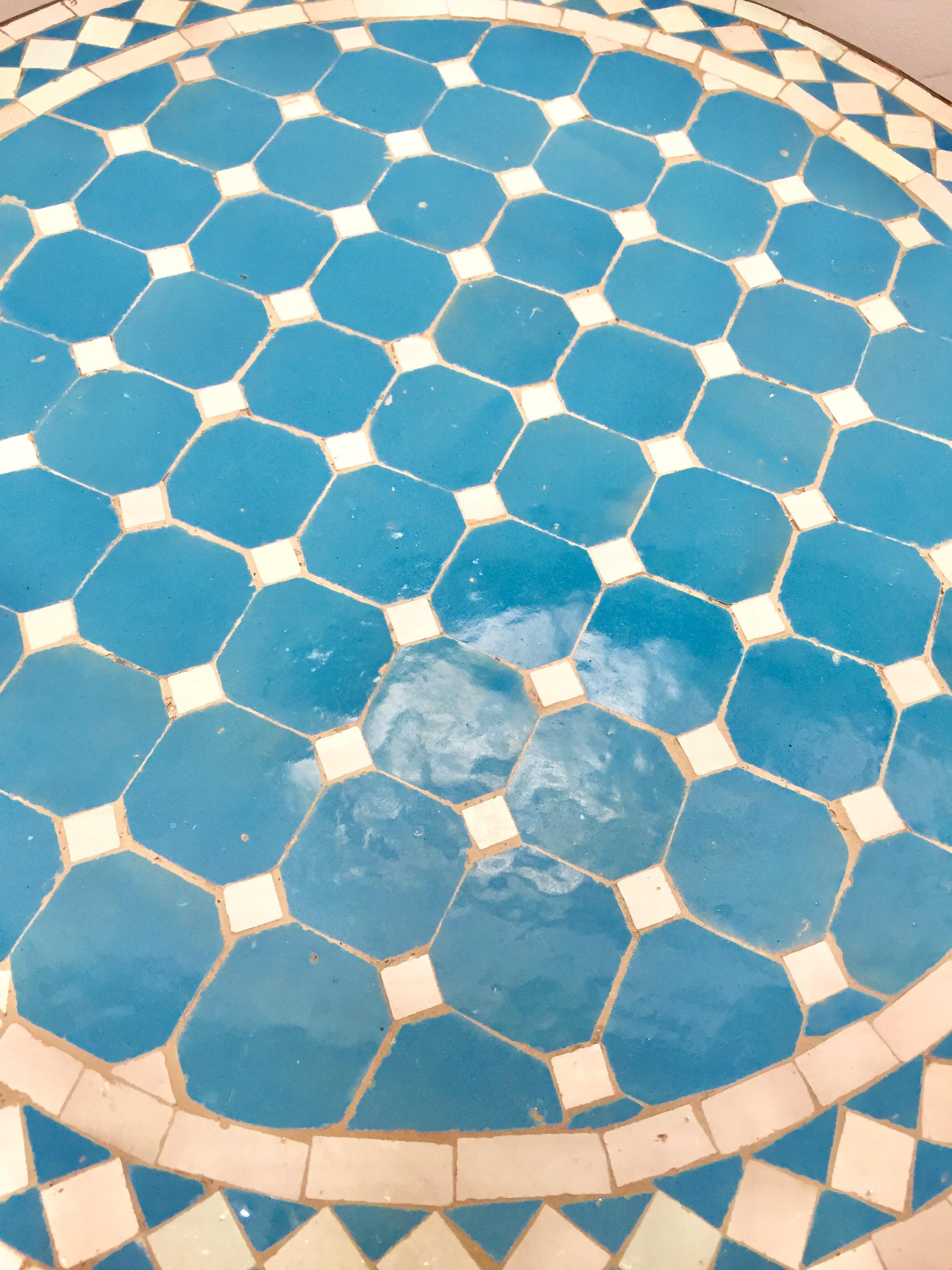 Ceramic Moroccan Mosaic Outdoor Blue Tile Side Table on Low Iron Base