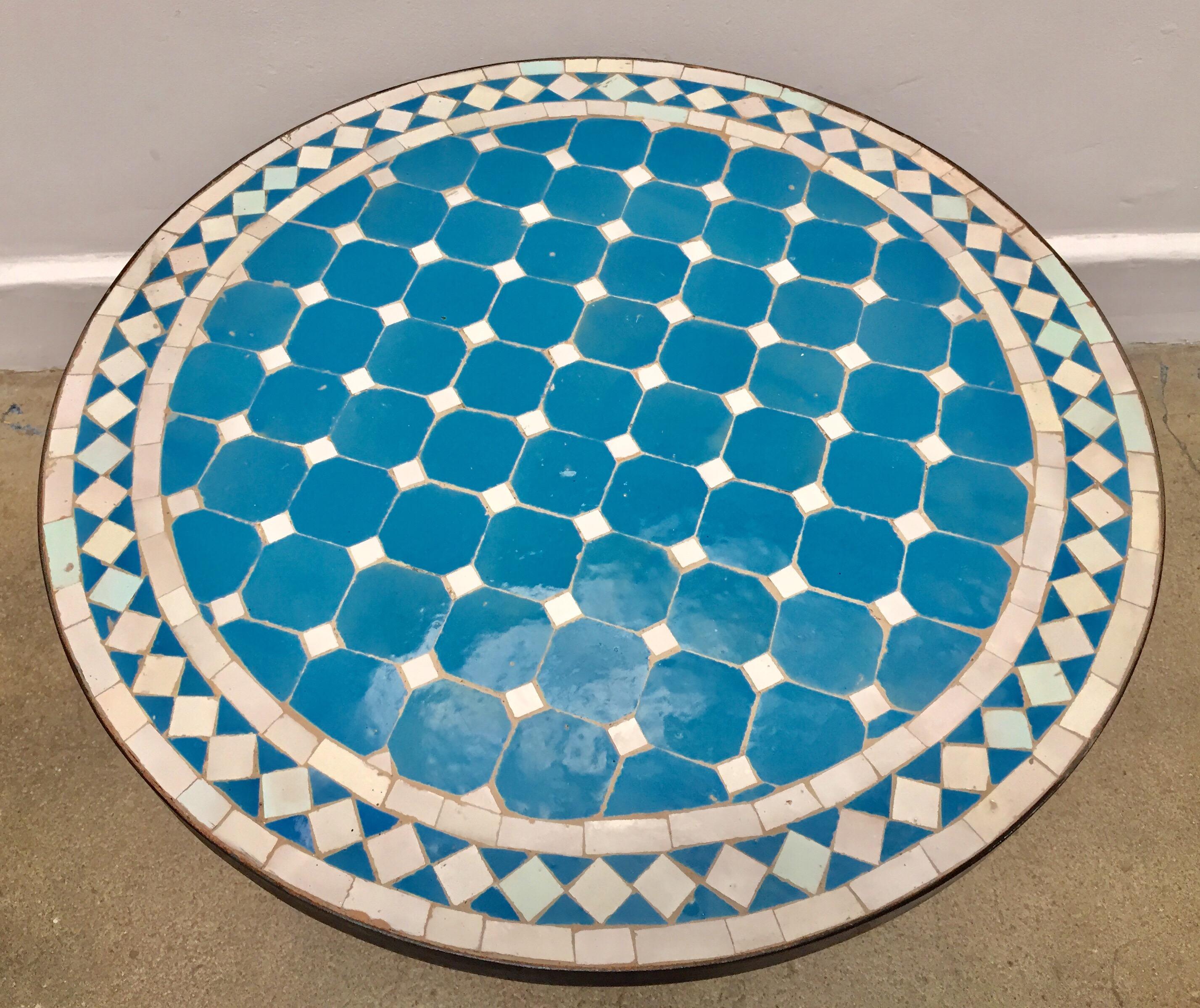Moroccan Mosaic Outdoor Blue Tile Side Table on Low Iron Base 1