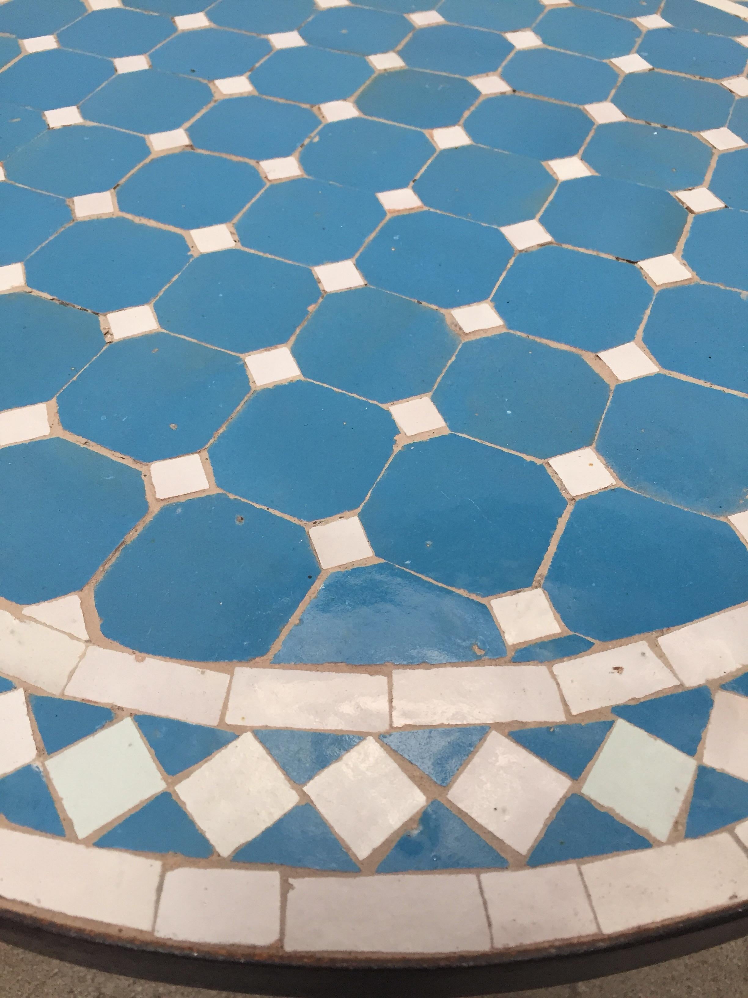 Moroccan Mosaic Outdoor Blue Tile Side Table on Low Iron Base 2