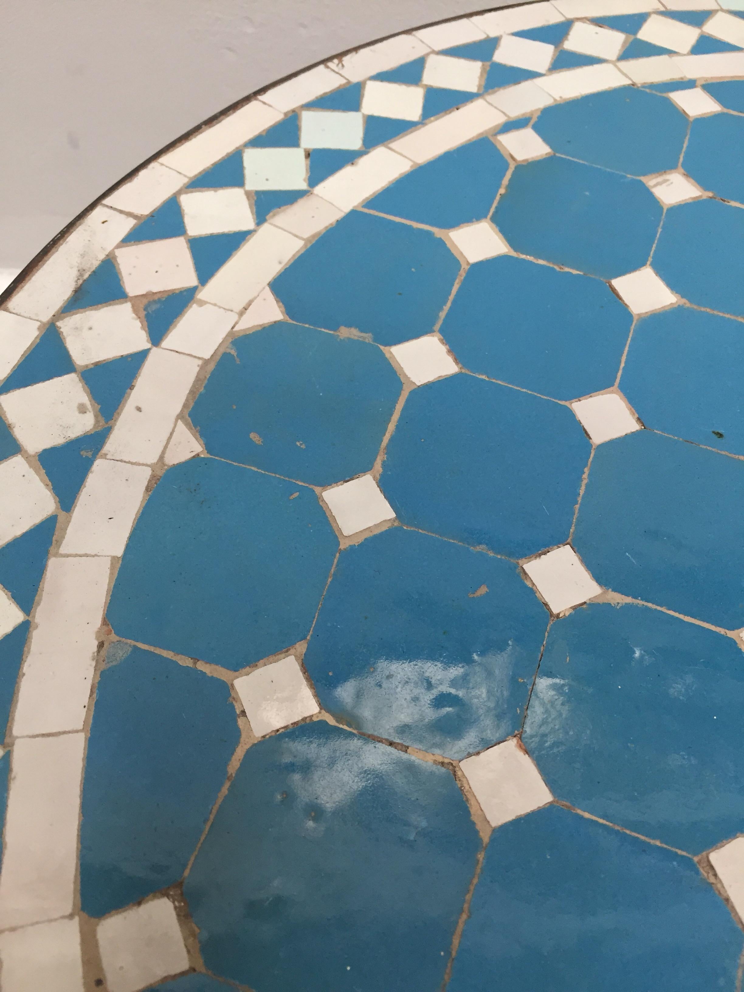 Moroccan Mosaic Outdoor Blue Tile Side Table on Low Iron Base 3