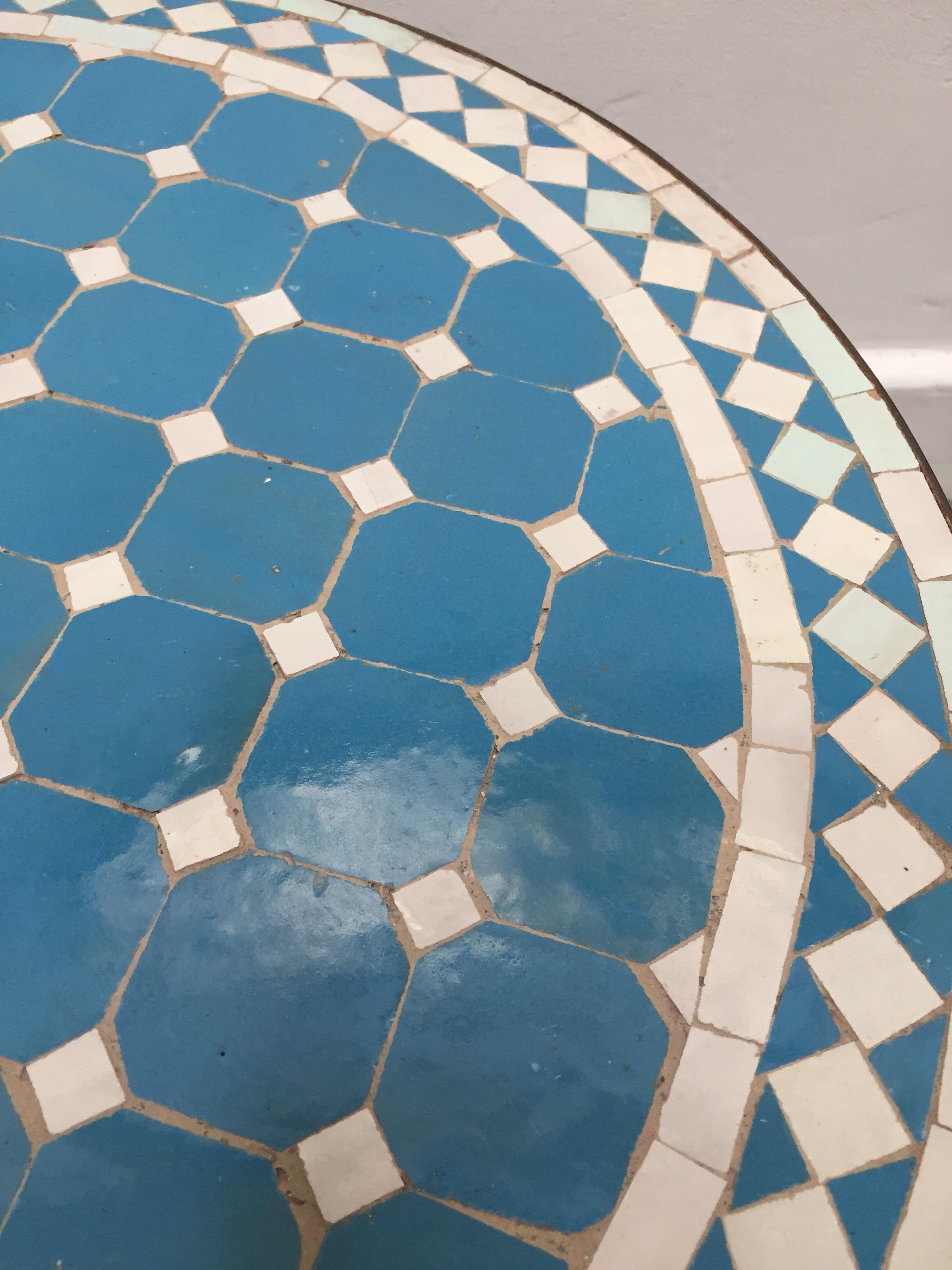Moroccan Mosaic Outdoor Blue Tile Side Table on Low Iron Base 5