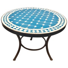 Vintage Moroccan Mosaic Outdoor Blue Tile Side Table on Low Iron Base