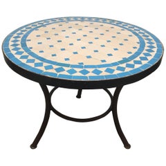 Vintage Moroccan Mosaic Outdoor Turquoise Tile Side Table on Low Iron Base