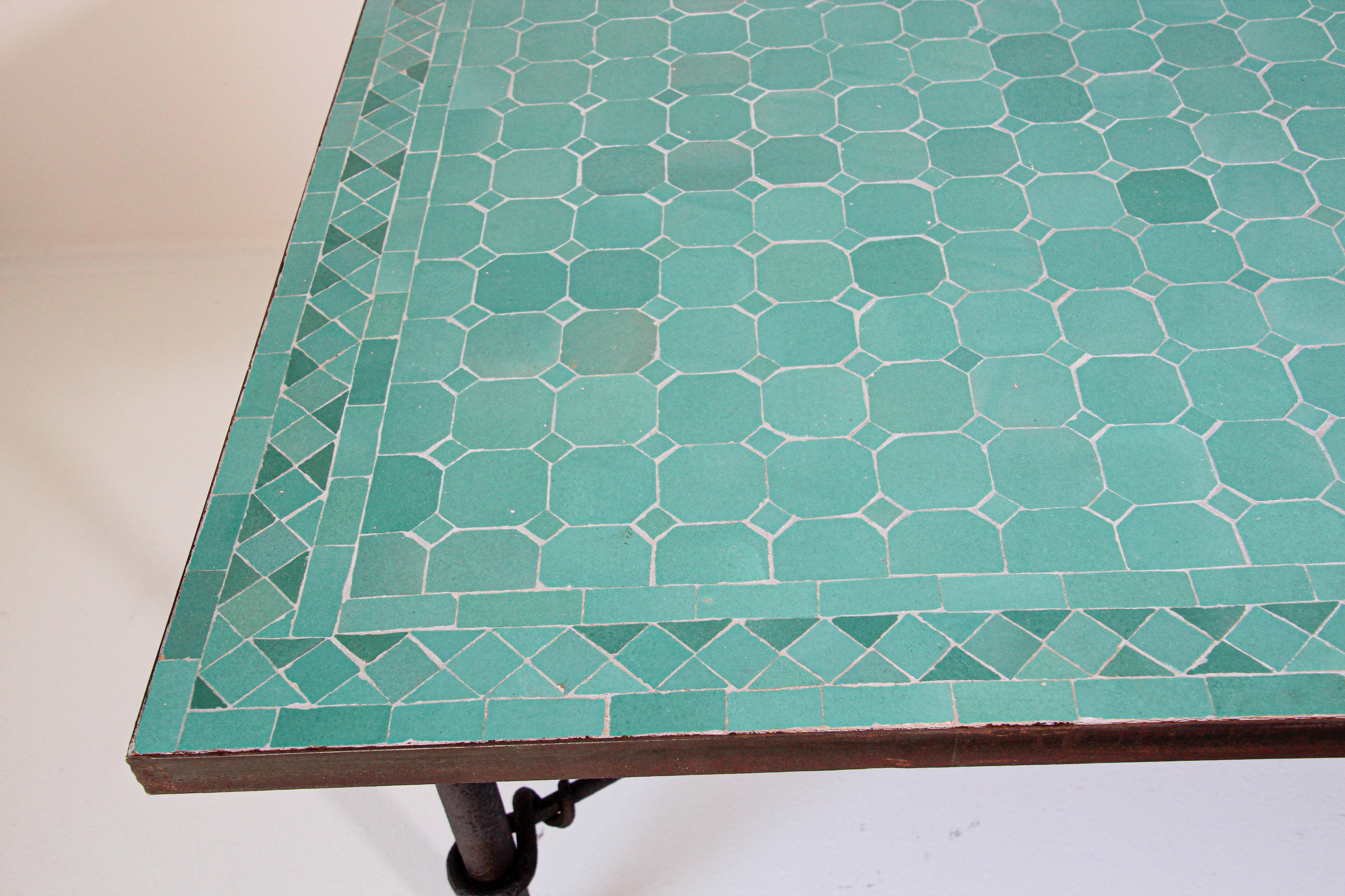 Iron Moroccan Mosaic Teal Tile Rectangular Coffee Table