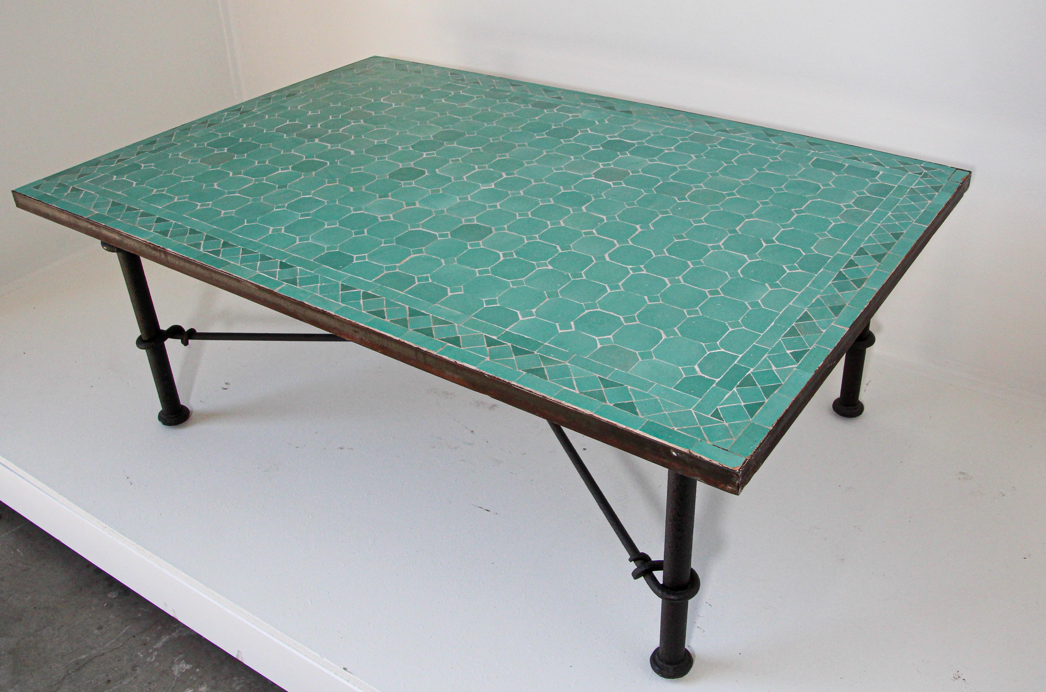 Moroccan Mosaic Teal Tile Rectangular Coffee Table In Good Condition In North Hollywood, CA
