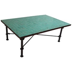 Vintage Moroccan Mosaic Teal Tile Rectangular Coffee Table