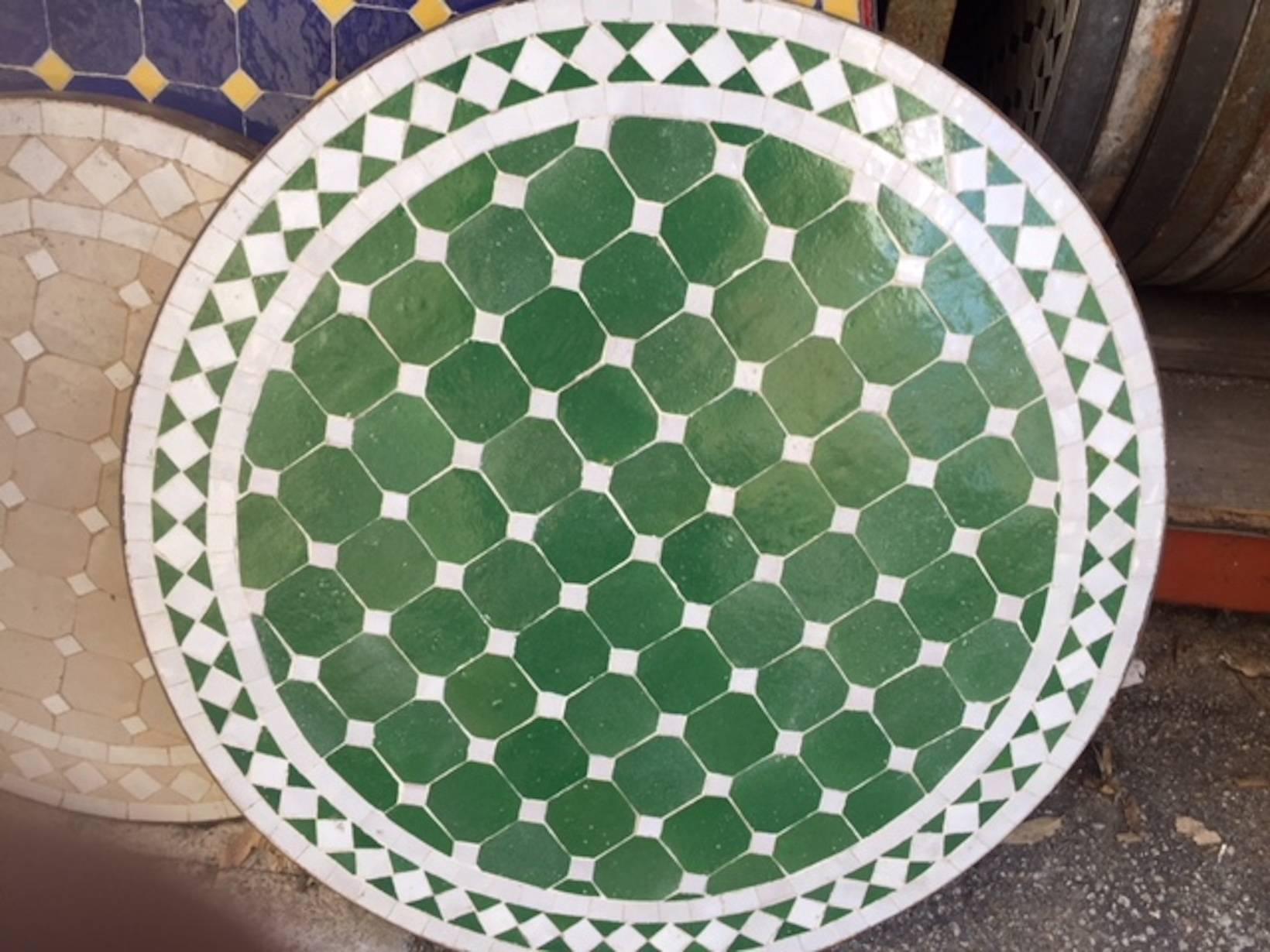 Ceramic Moroccan Mosaic Tile Outdoor Side Table on Low Iron Base Green and White