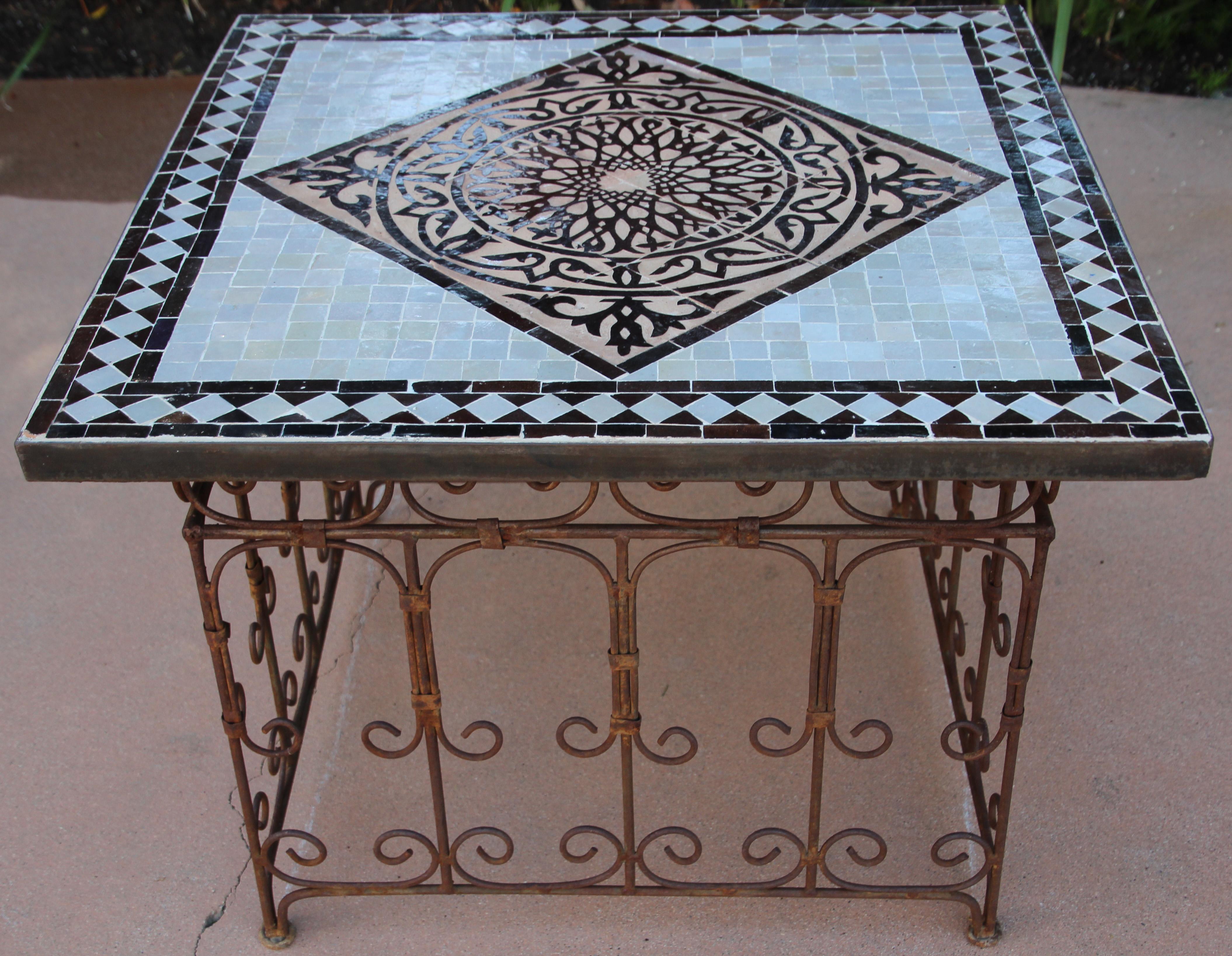 Moroccan Mosaic Tile Side table on Iron Base, Brown and White For Sale 8