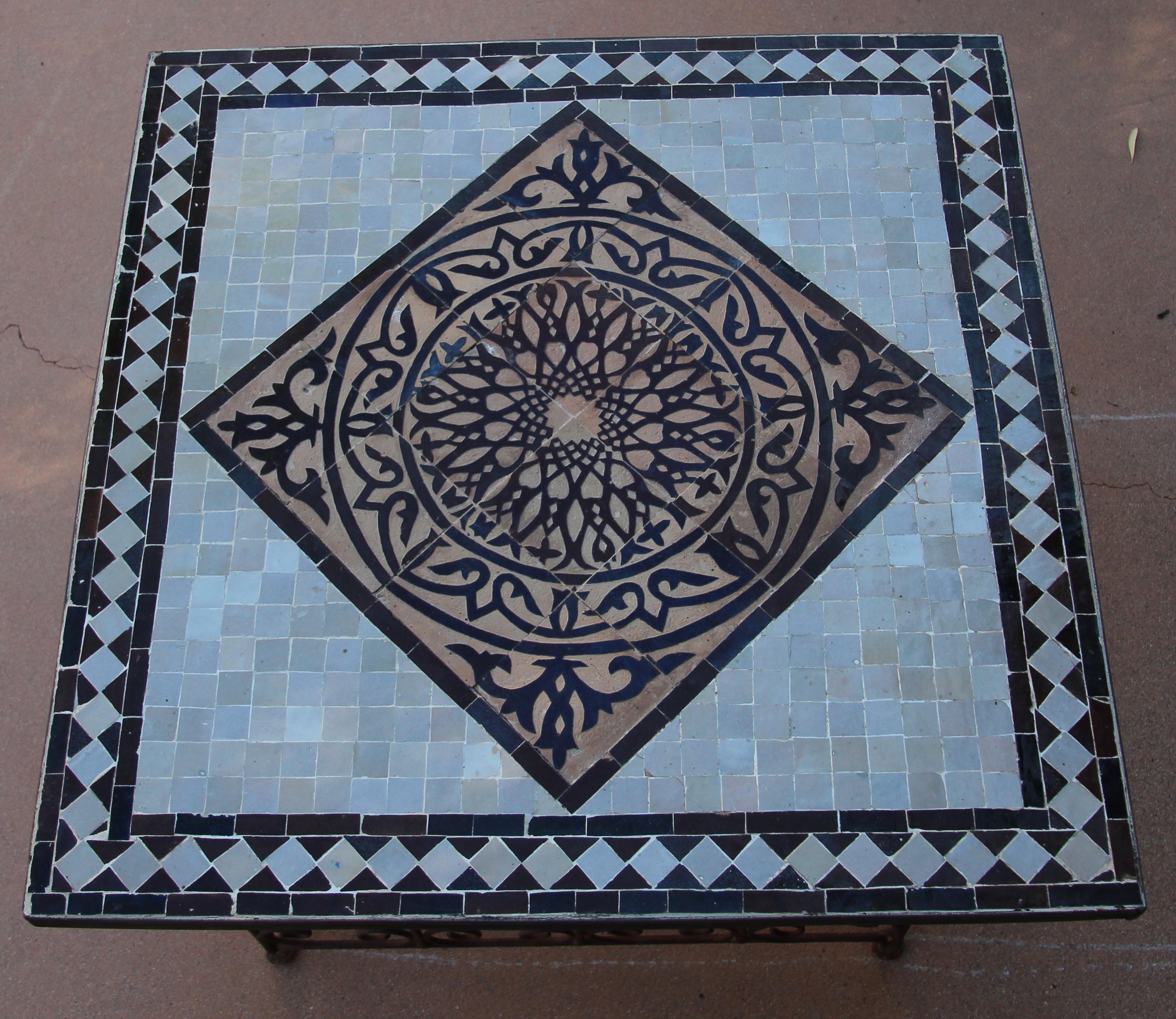 Moroccan Mosaic Tile Side table on Iron Base, Brown and White For Sale 10