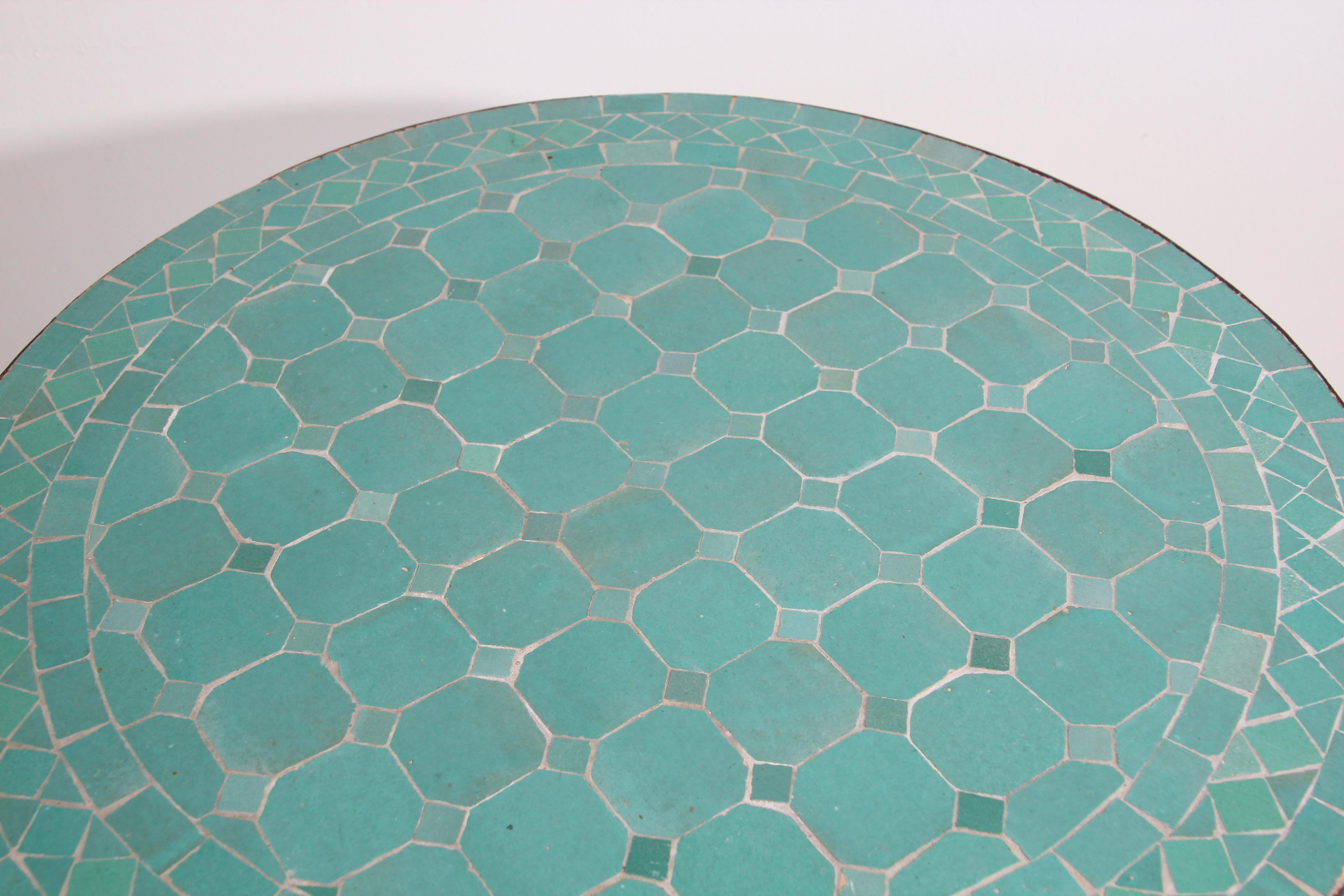 Moroccan Mosaic Tile Teal Color Side Patio Table In Good Condition In North Hollywood, CA