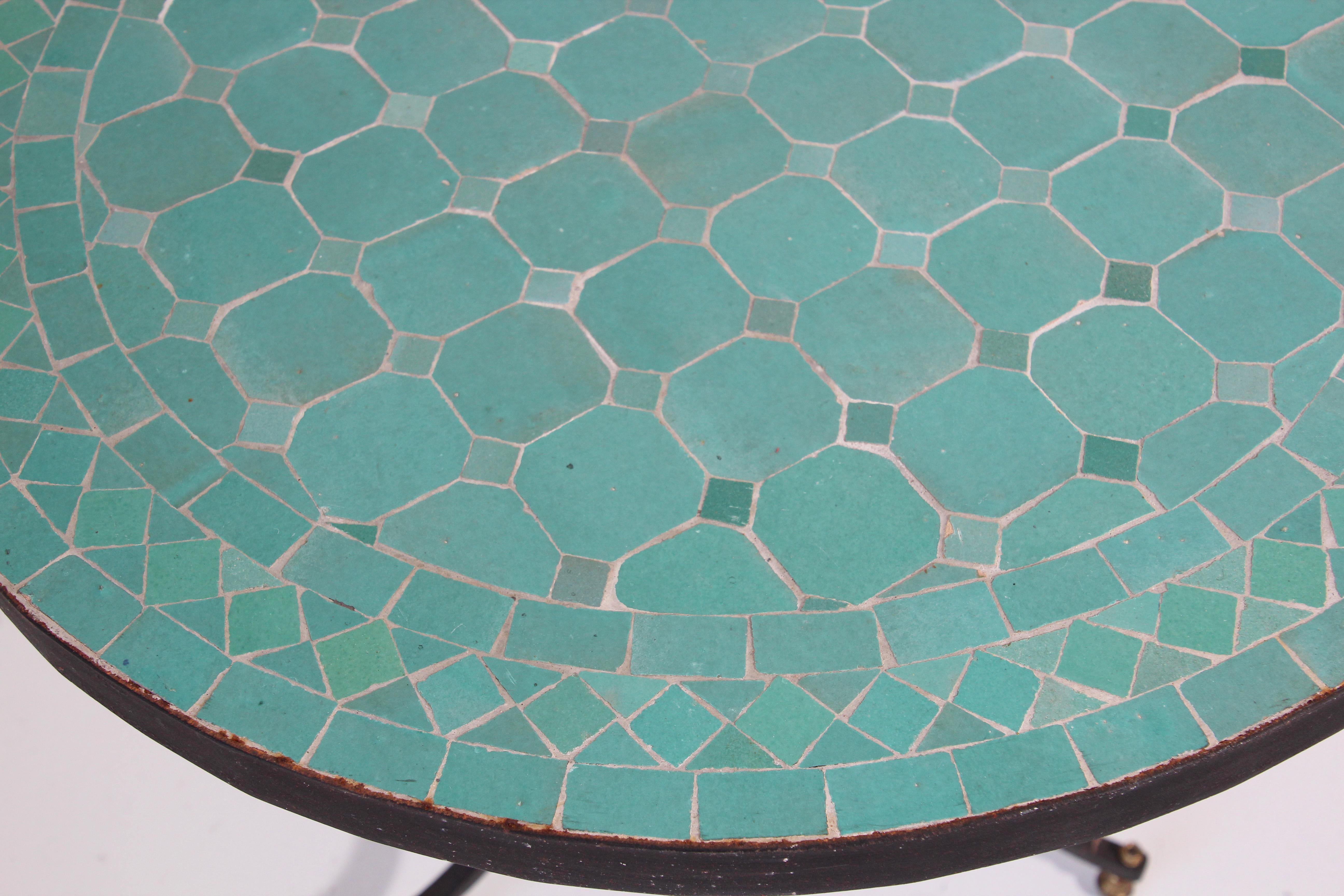 20th Century Moroccan Mosaic Tile Teal Color Side Patio Table