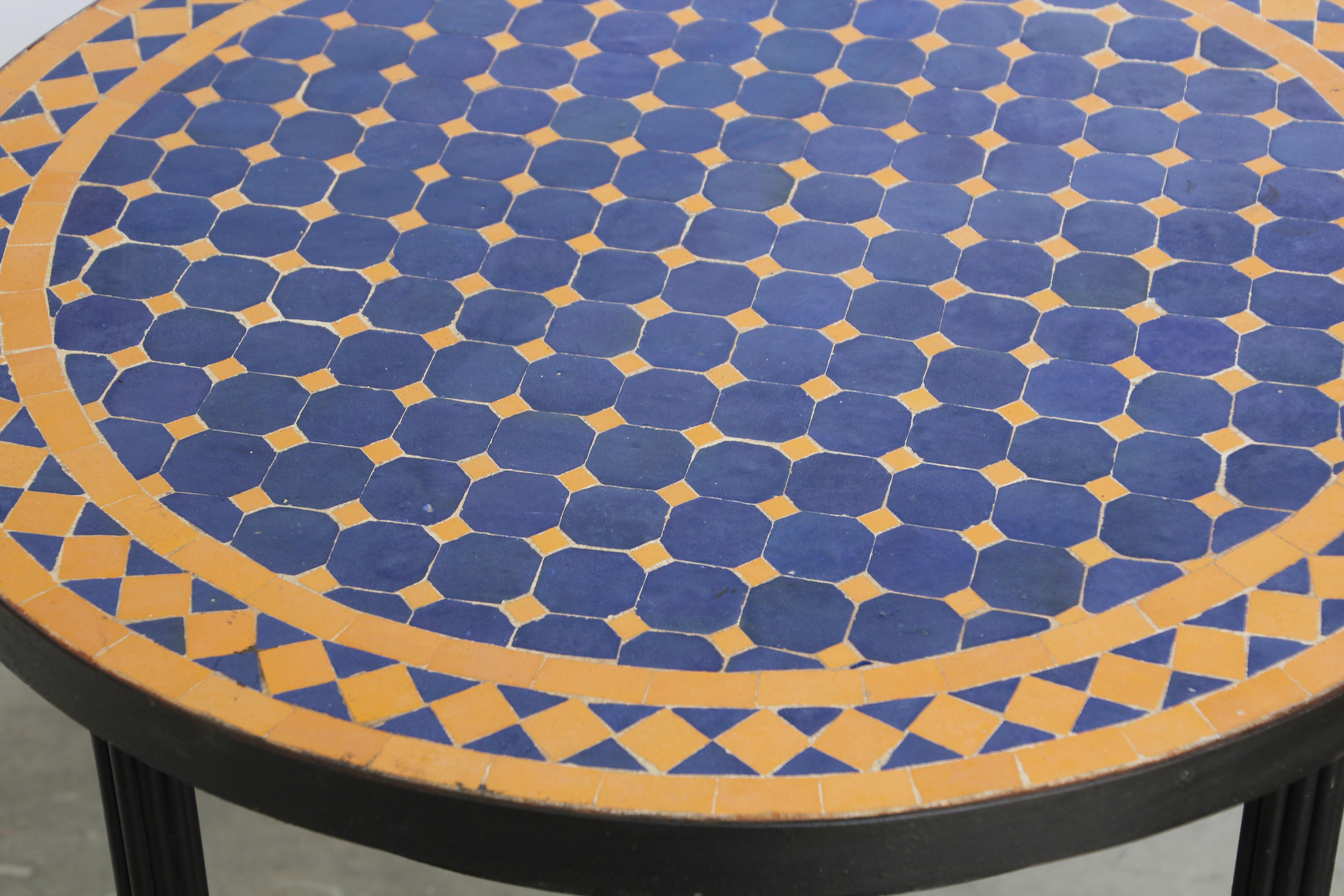 Ceramic Moroccan Mosaic Tiles Cobalt Blue and Yellow Colors Side Table