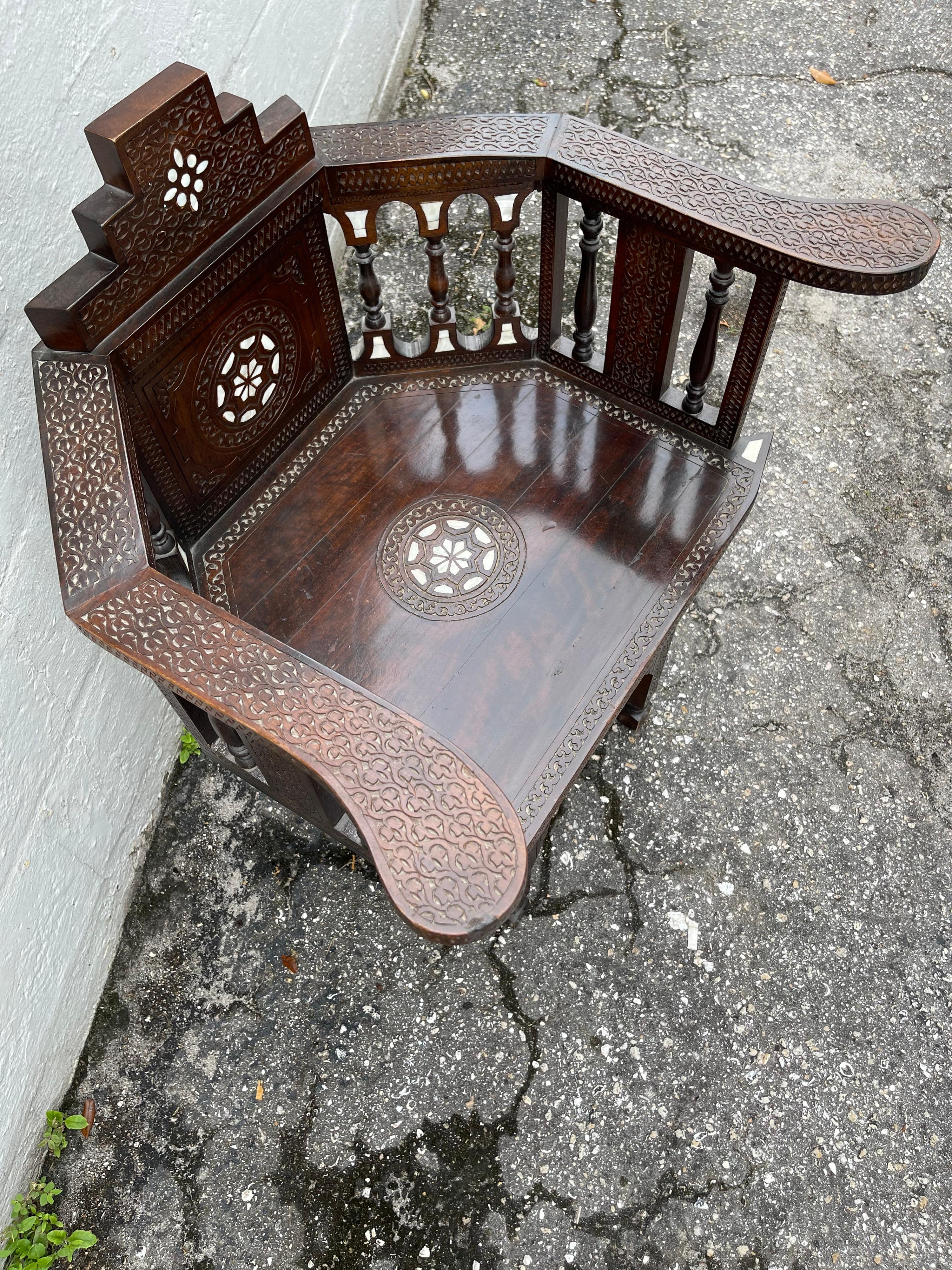Middle Eastern Mother of Pearl Inlaid Armchair In Good Condition For Sale In West Palm Beach, FL