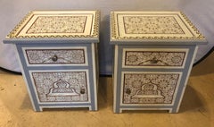 Moroccan Nightstand or End Table Hand Painted White, Blue and Burgundy, a Pair