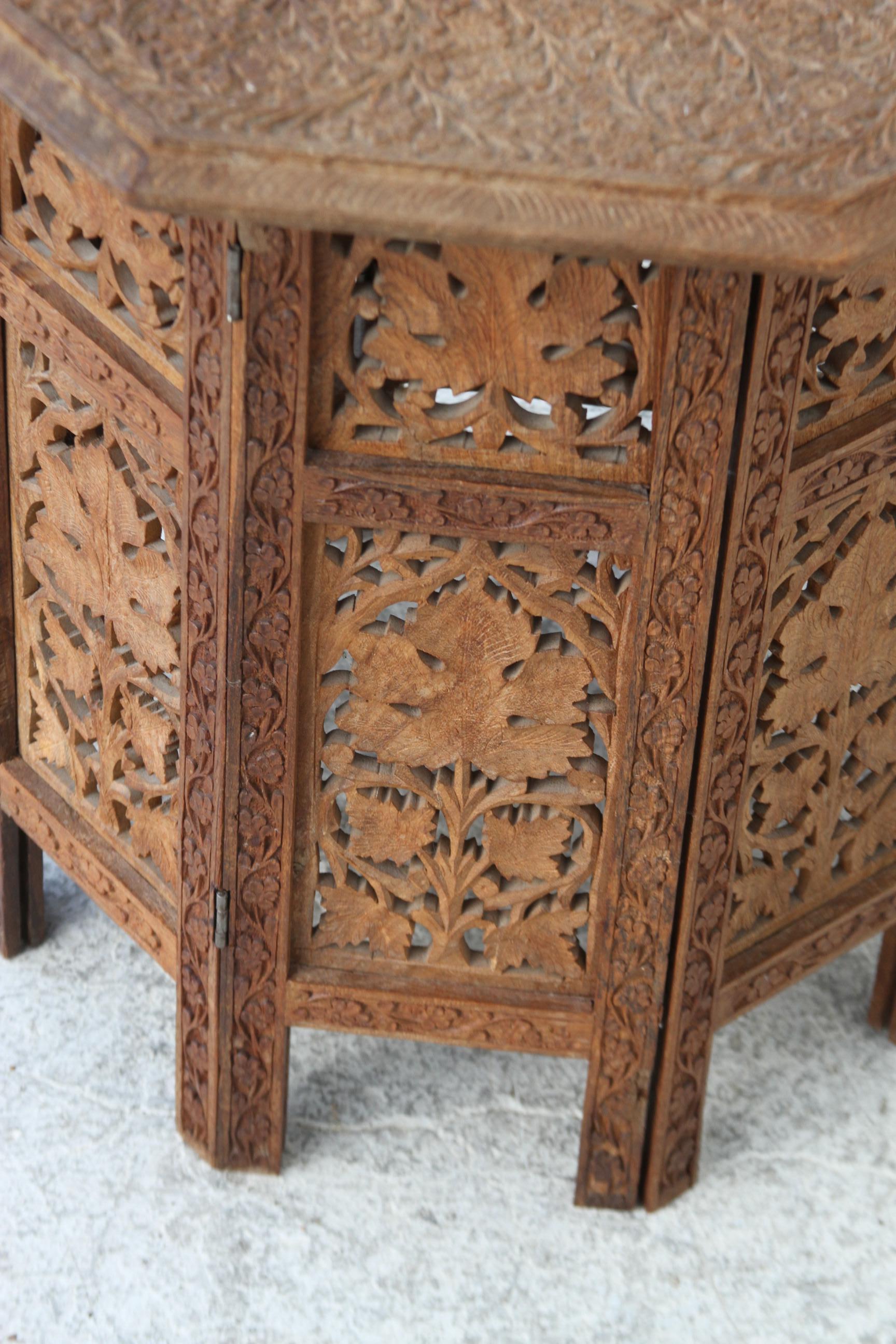 Hand-Carved Moroccan Octagon Shaped Pierced Wood Table For Sale