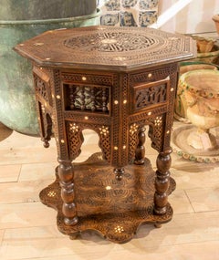 Moroccan Octagonal Side Table, Solid Wood, Hand-Carved Inlays, 1970s