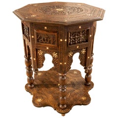 Moroccan Octagonal Side Table, Solid Wood, Hand-Carved Inlays, 1970s