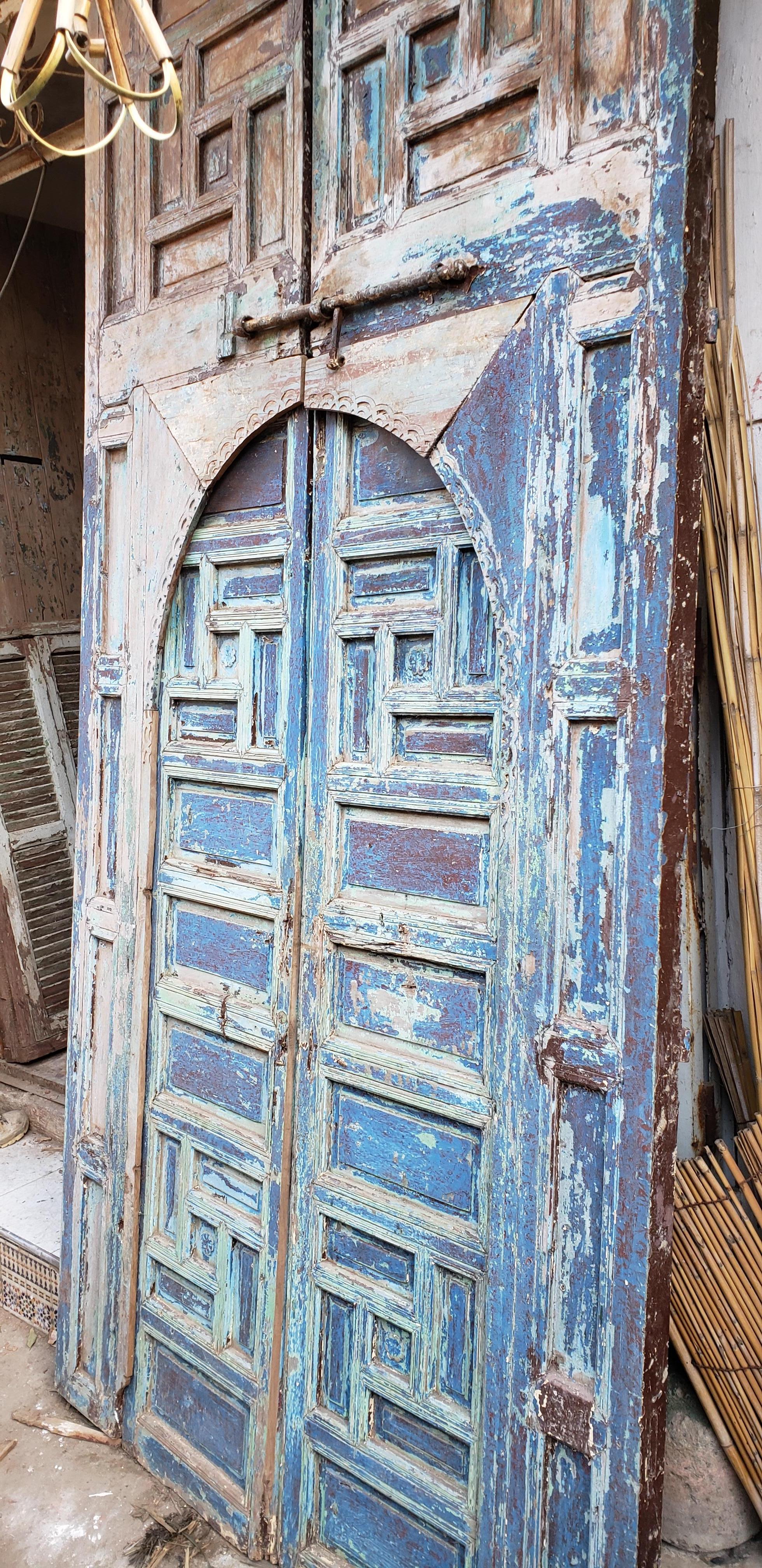 Mid-20th Century Moroccan Old Hand Painted Double Door, Wooden 23MO17 For Sale