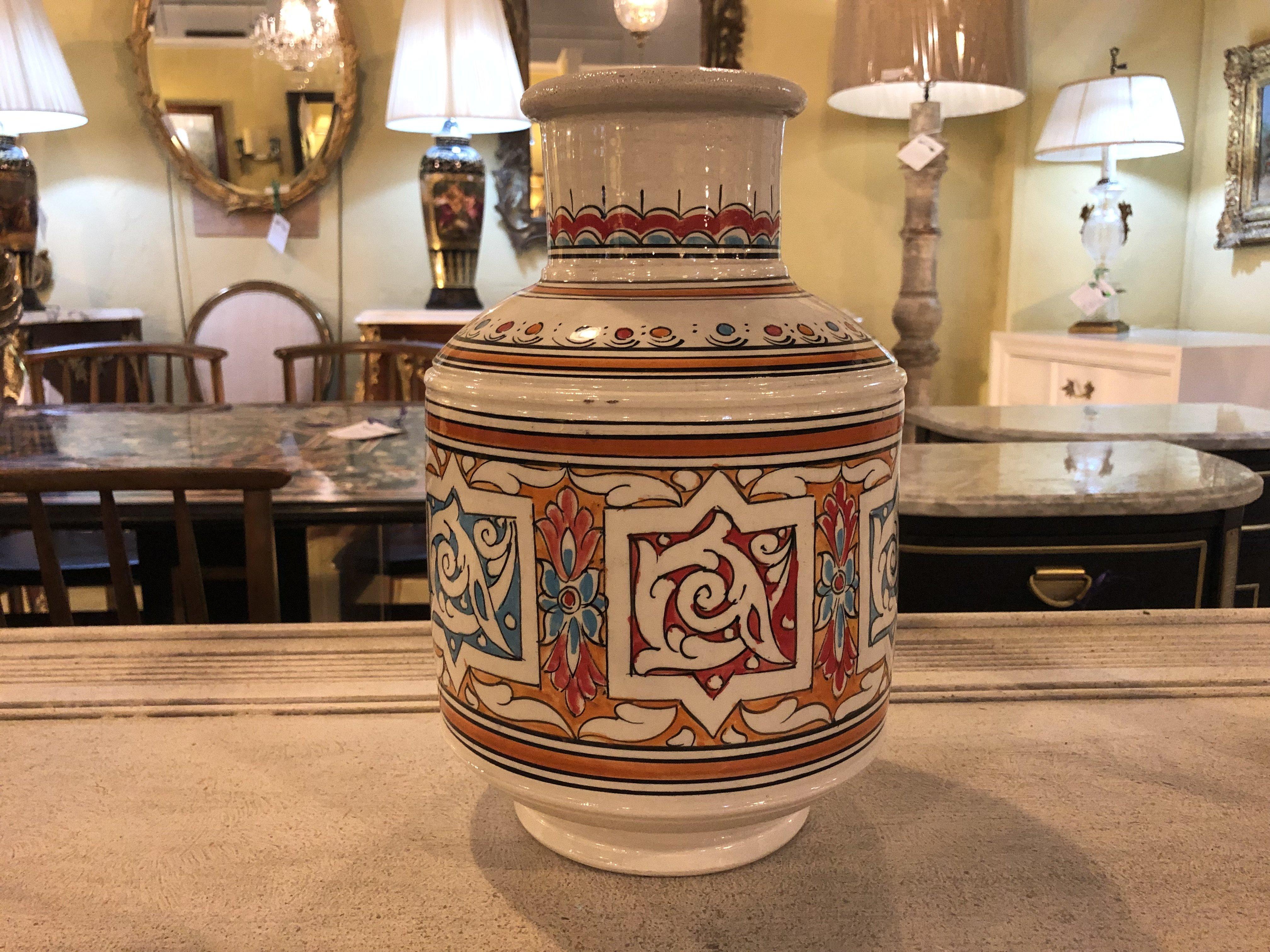 Moorish Moroccan Orange Blue and White Handcrafted Vintage Ceramic Vase For Sale