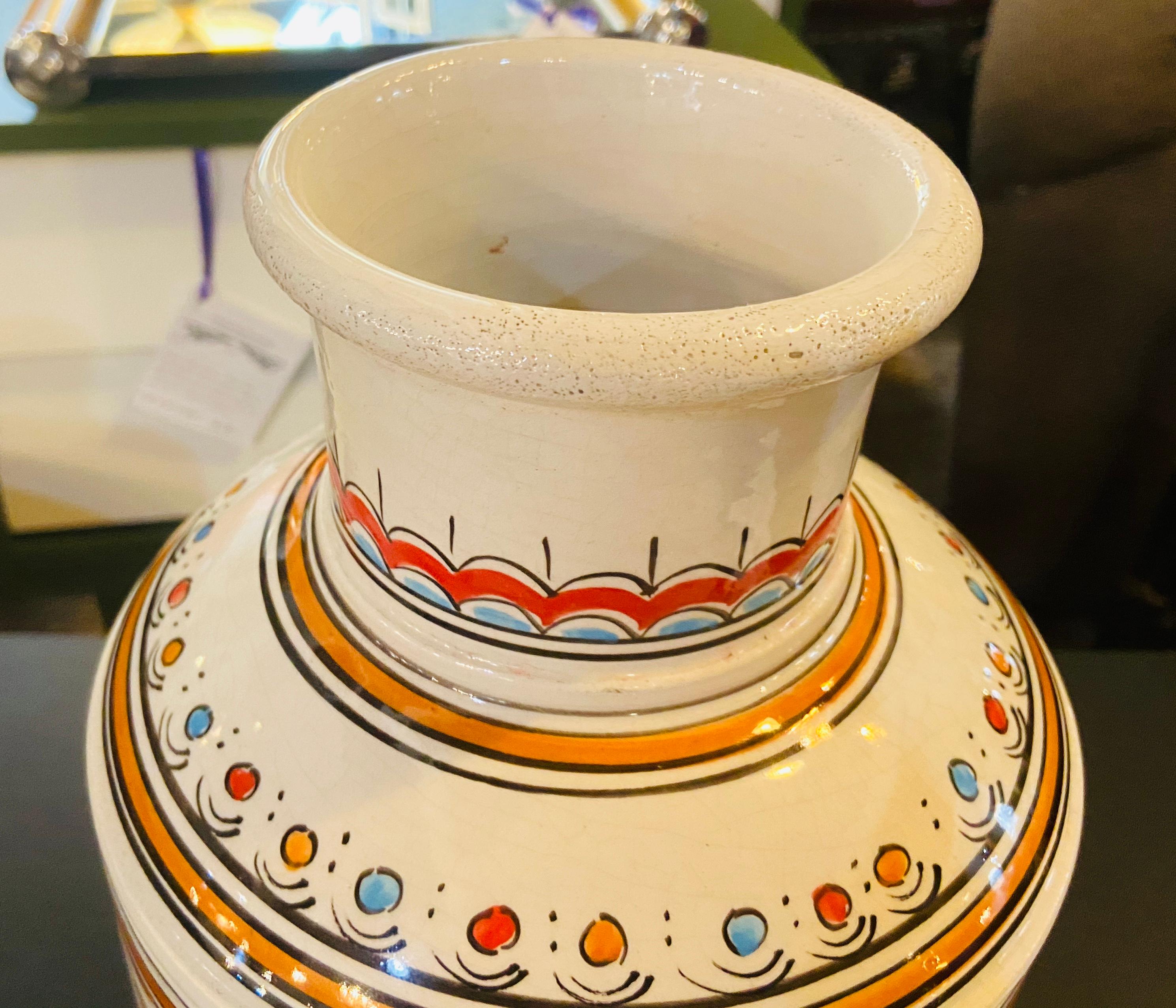 Moroccan Orange Blue and White Handcrafted Vintage Ceramic Vase In Good Condition For Sale In Plainview, NY
