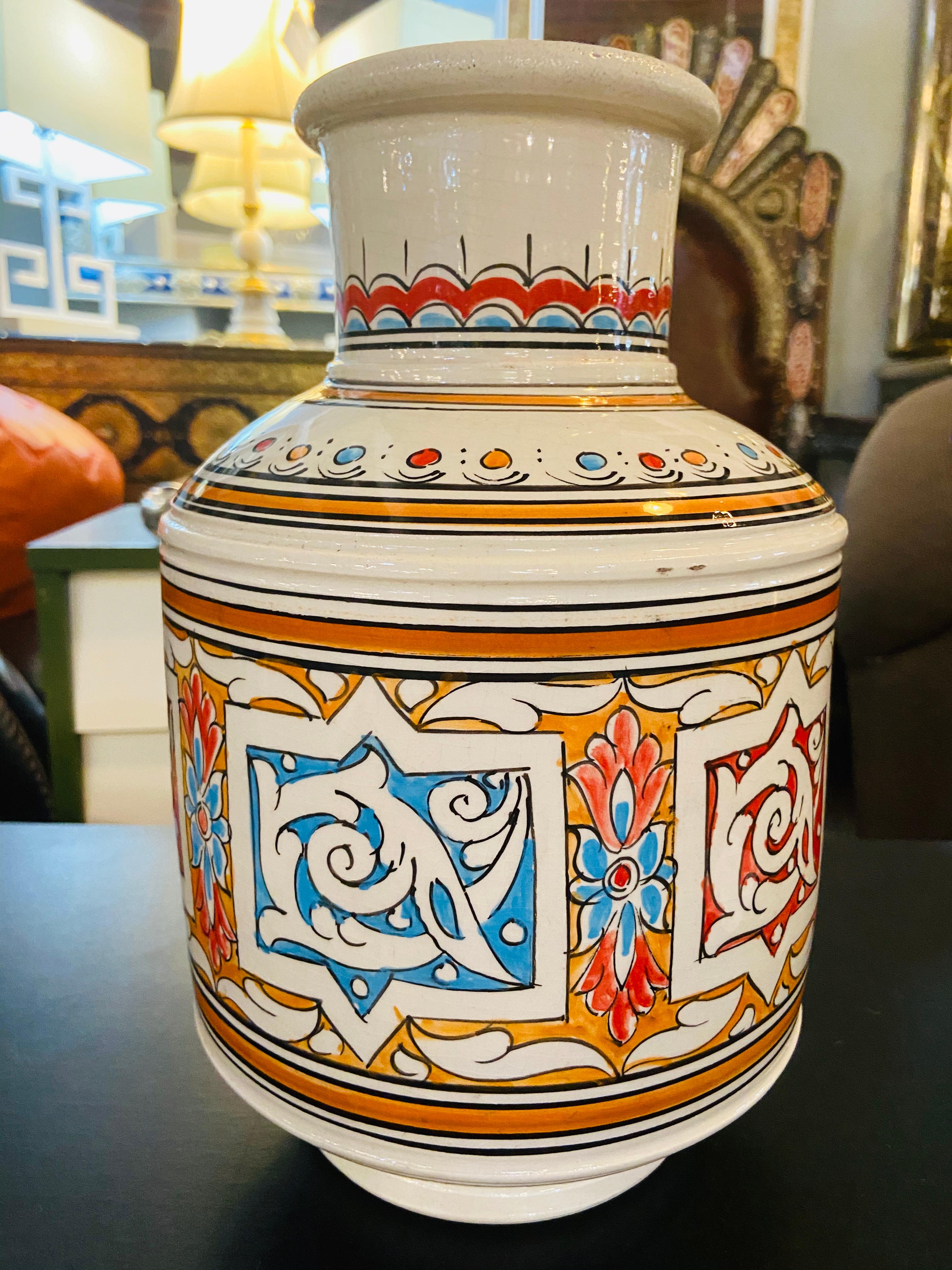 Late 20th Century Moroccan Orange Blue and White Handcrafted Vintage Ceramic Vase For Sale