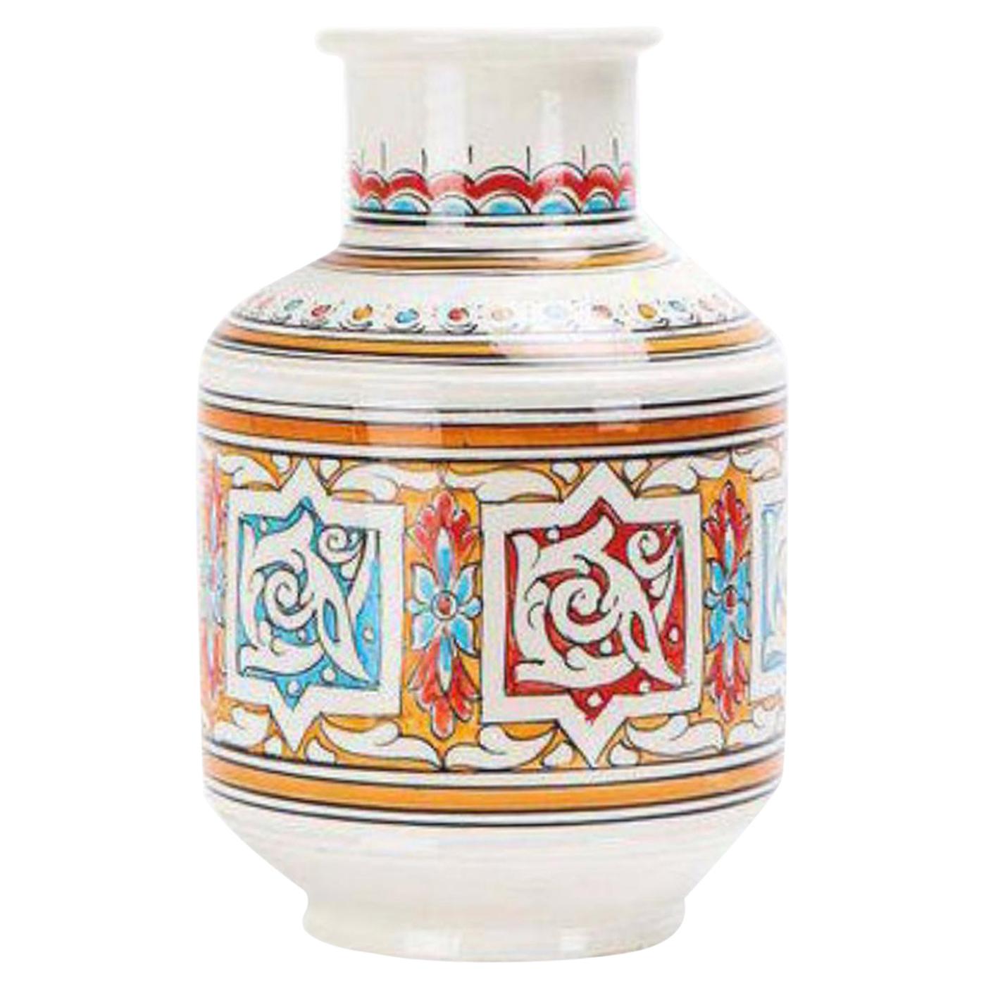 Moroccan Orange Blue and White Handcrafted Vintage Ceramic Vase For Sale