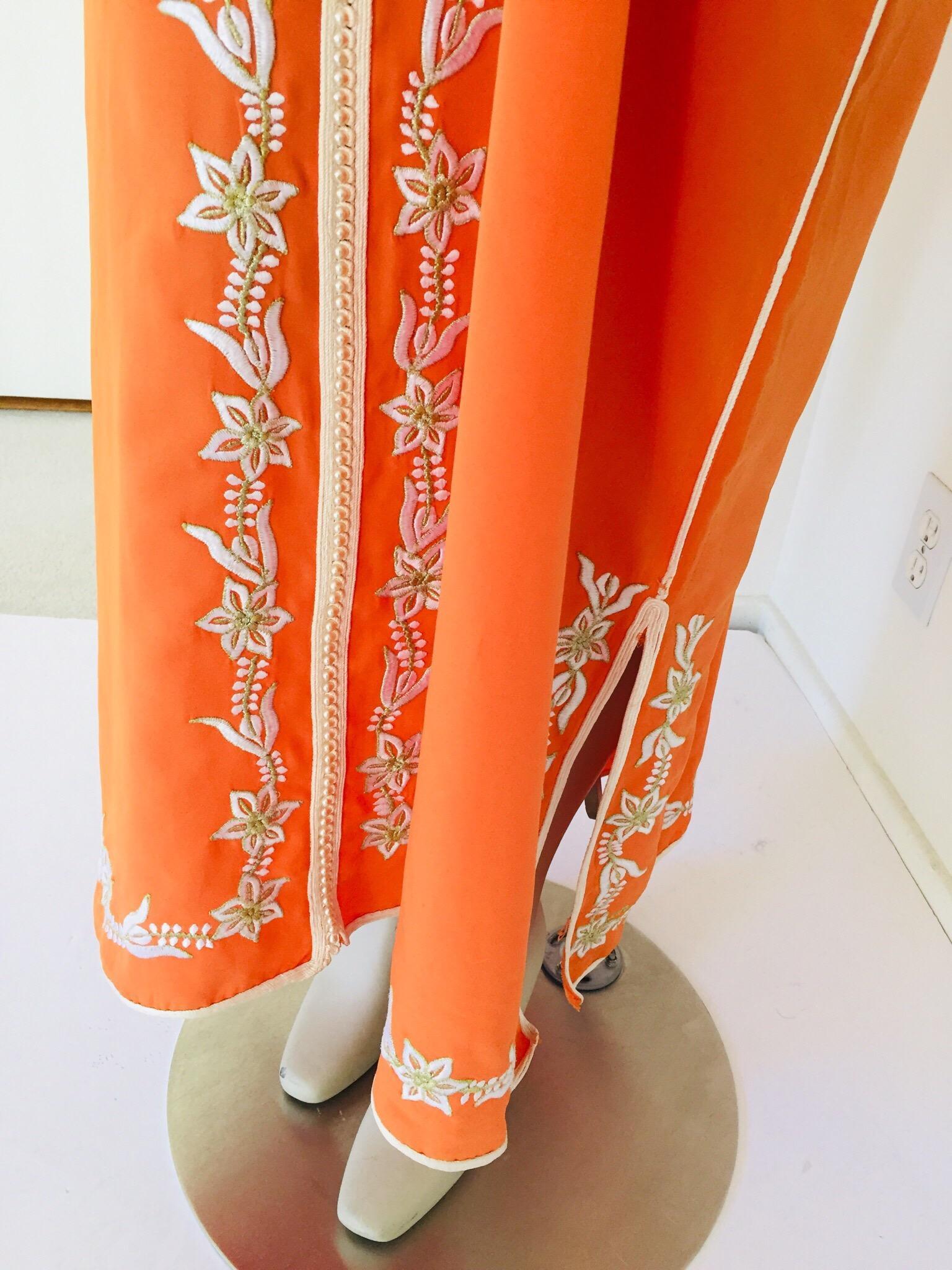 Moroccan Orange Kaftan Maxi Dress Caftan In Good Condition For Sale In North Hollywood, CA