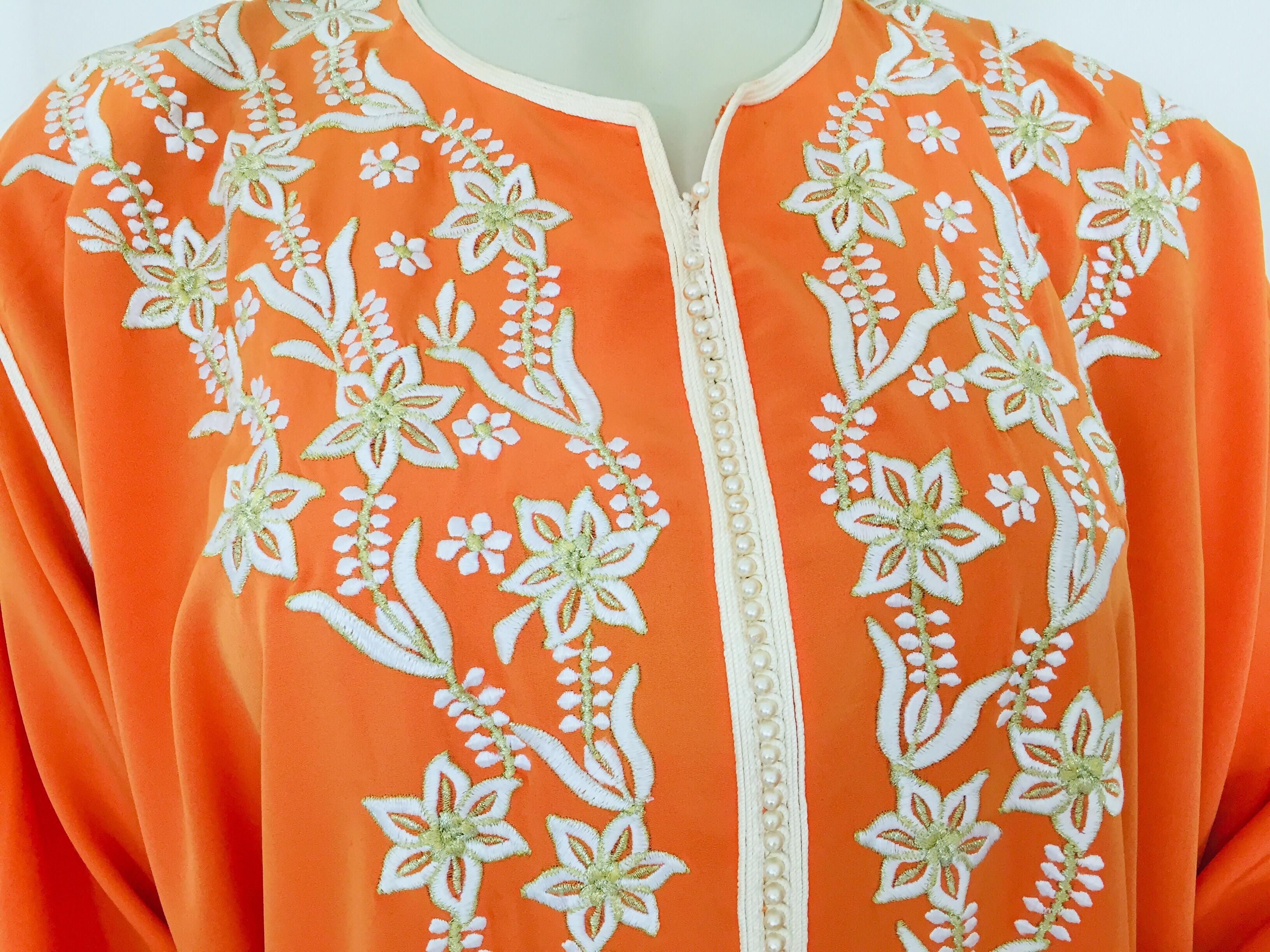 Embroidered Moroccan Orange Kaftan Maxi Dress Caftan For Sale