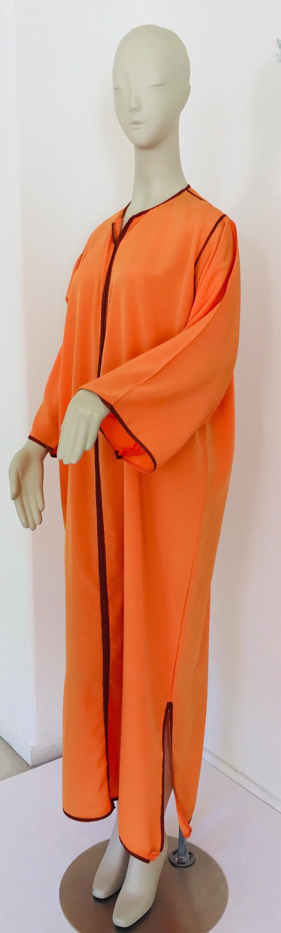 Embroidered Moroccan Orange Kaftan Maxi Dress Caftan Size Large For Sale