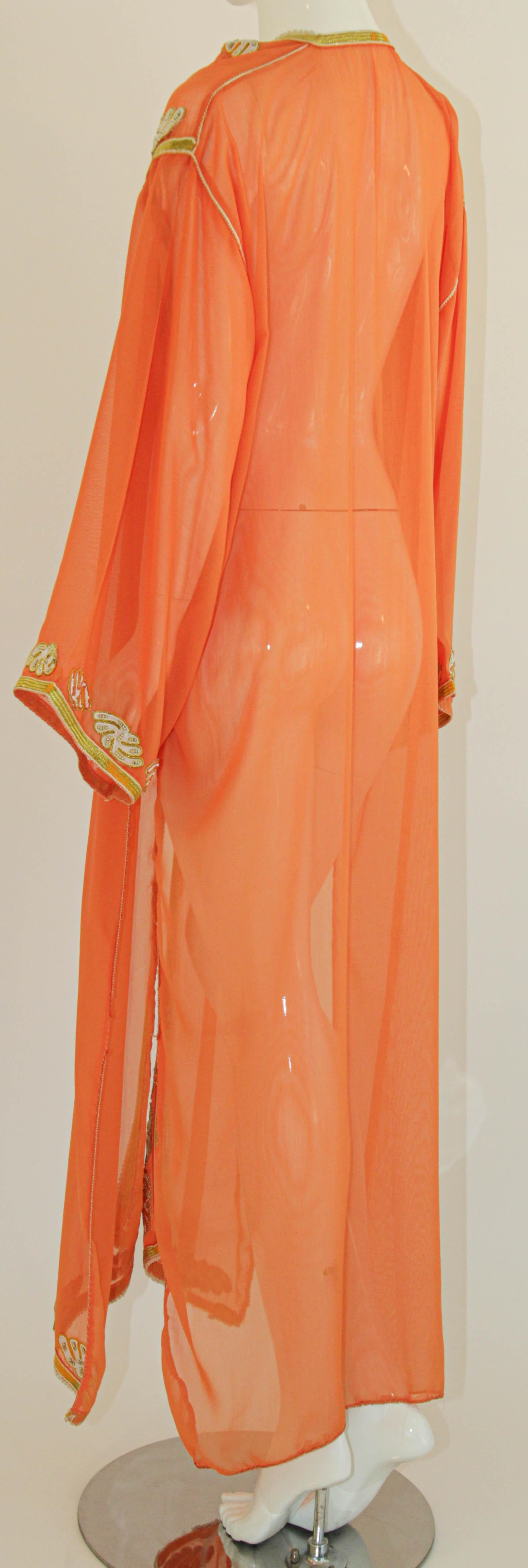 Moroccan Orange Silk Caftan Maxi Dress In Good Condition In North Hollywood, CA