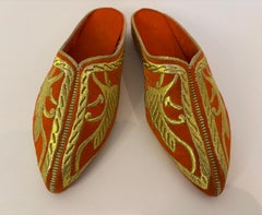 Moroccan Orange Velvet Embroidered with Gold Metallic Thread Slippers Shoes