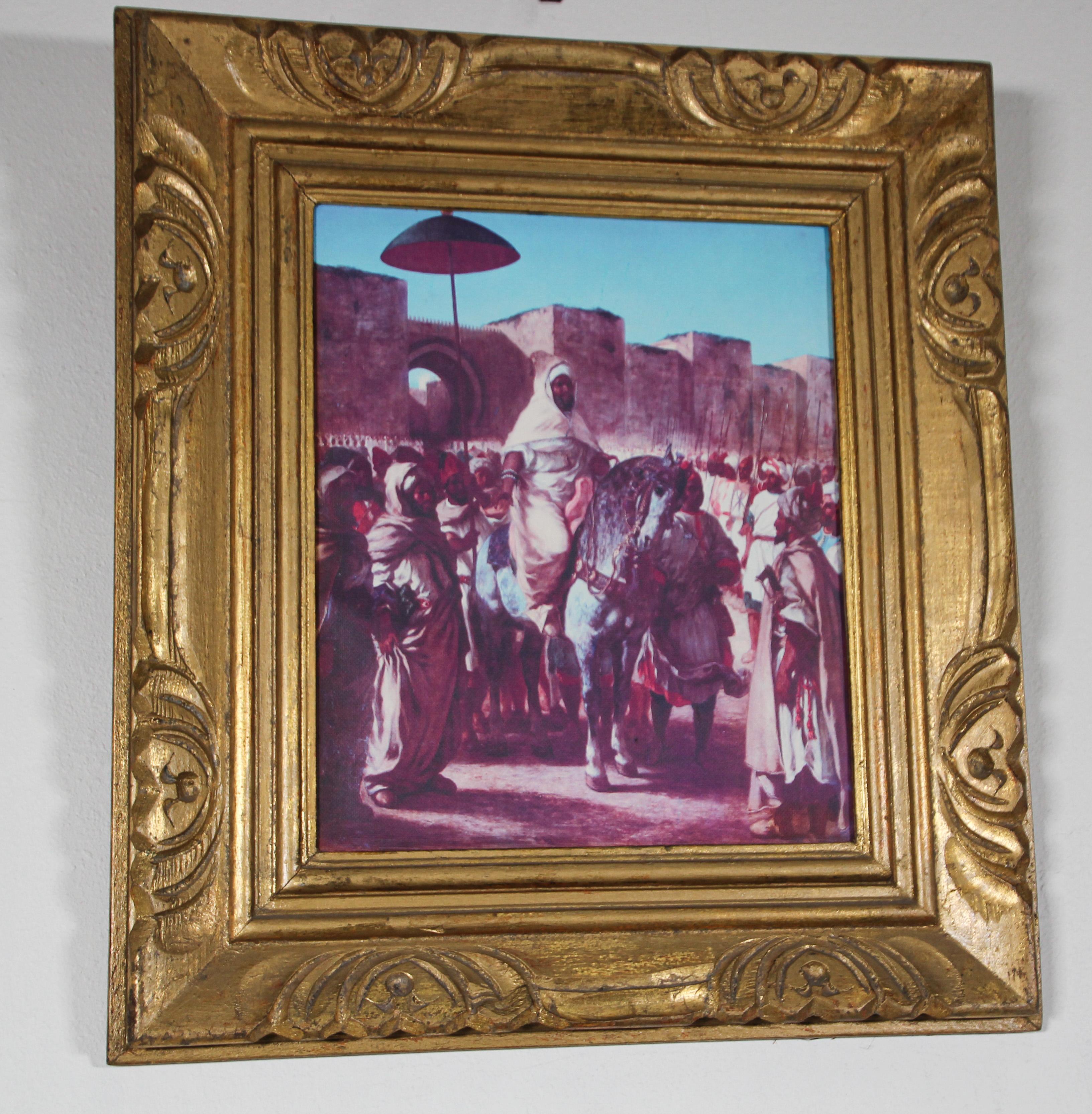 Orientalist Moroccan scene giclee painting of the King o Morocco.
French orientalist reproduction painting of Mohamed v coming back from exile with a classical wooden frame.
The frame is old the painting is a new giclee on canvas.
The