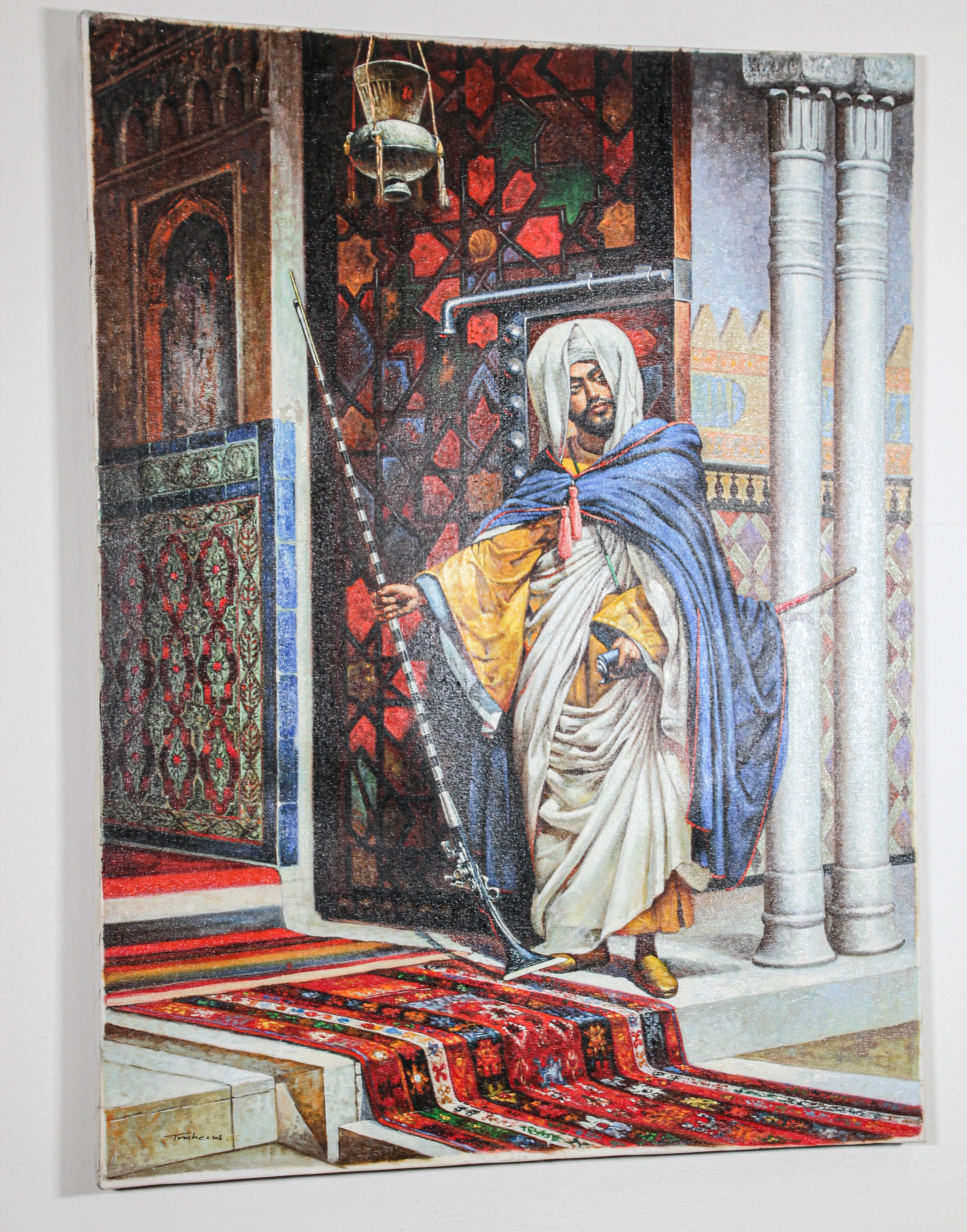 Moroccan orientalist oil on canvas painting of a 19th century Moroccan scene.
A Moorish men standing in front of a house wearing traditional costume, bright colors.
The background depict the front of a palace with a very massive wood carved door