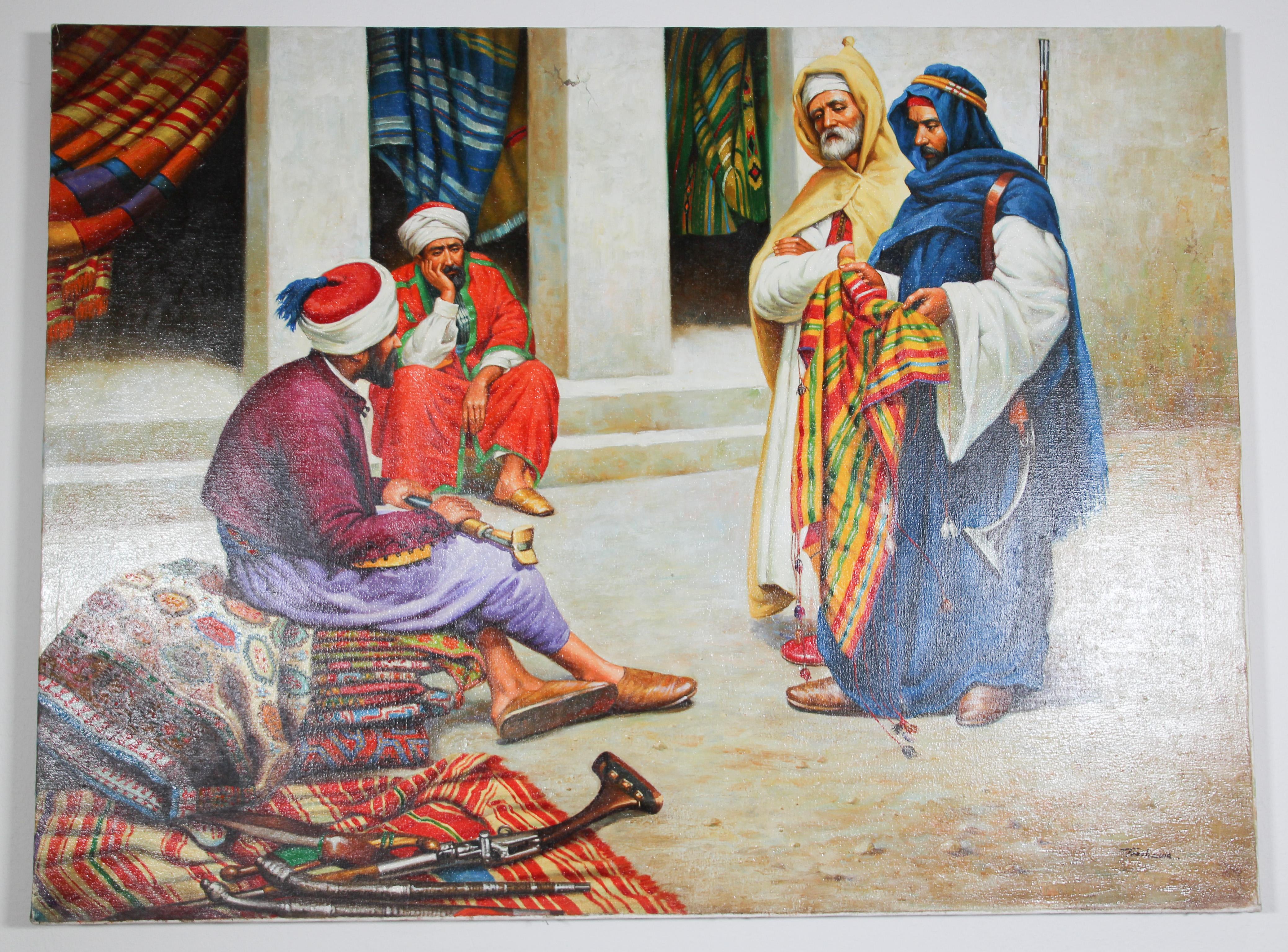 Moroccan Orientalist Oil Painting of a Rug Market For Sale 3