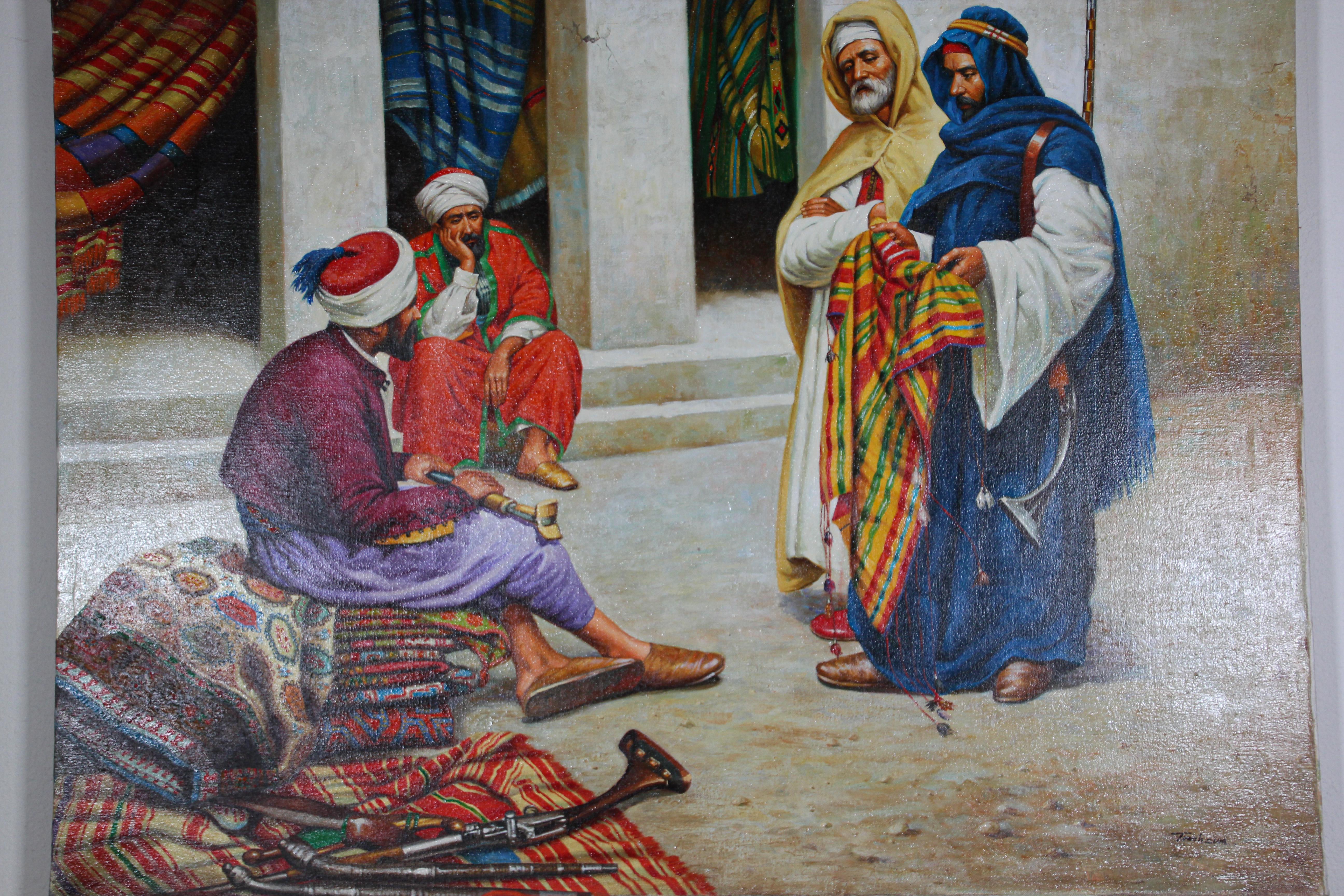 Moorish Moroccan Orientalist Oil Painting of a Rug Market For Sale